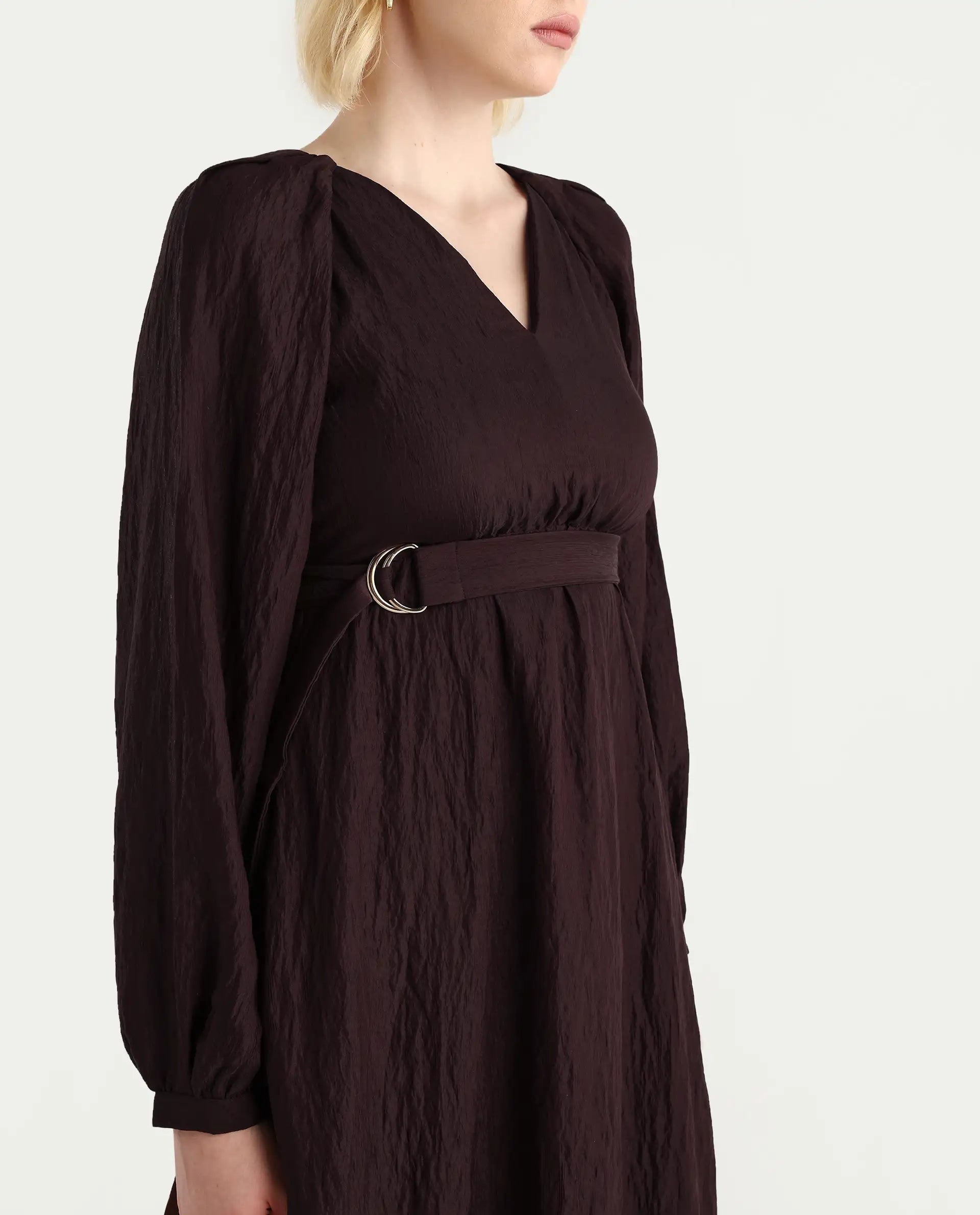 Rareism Women's Jumi Dark Brown Viscose Blend Raglan Sleeves V-Neck Flared Fit Plain Dress