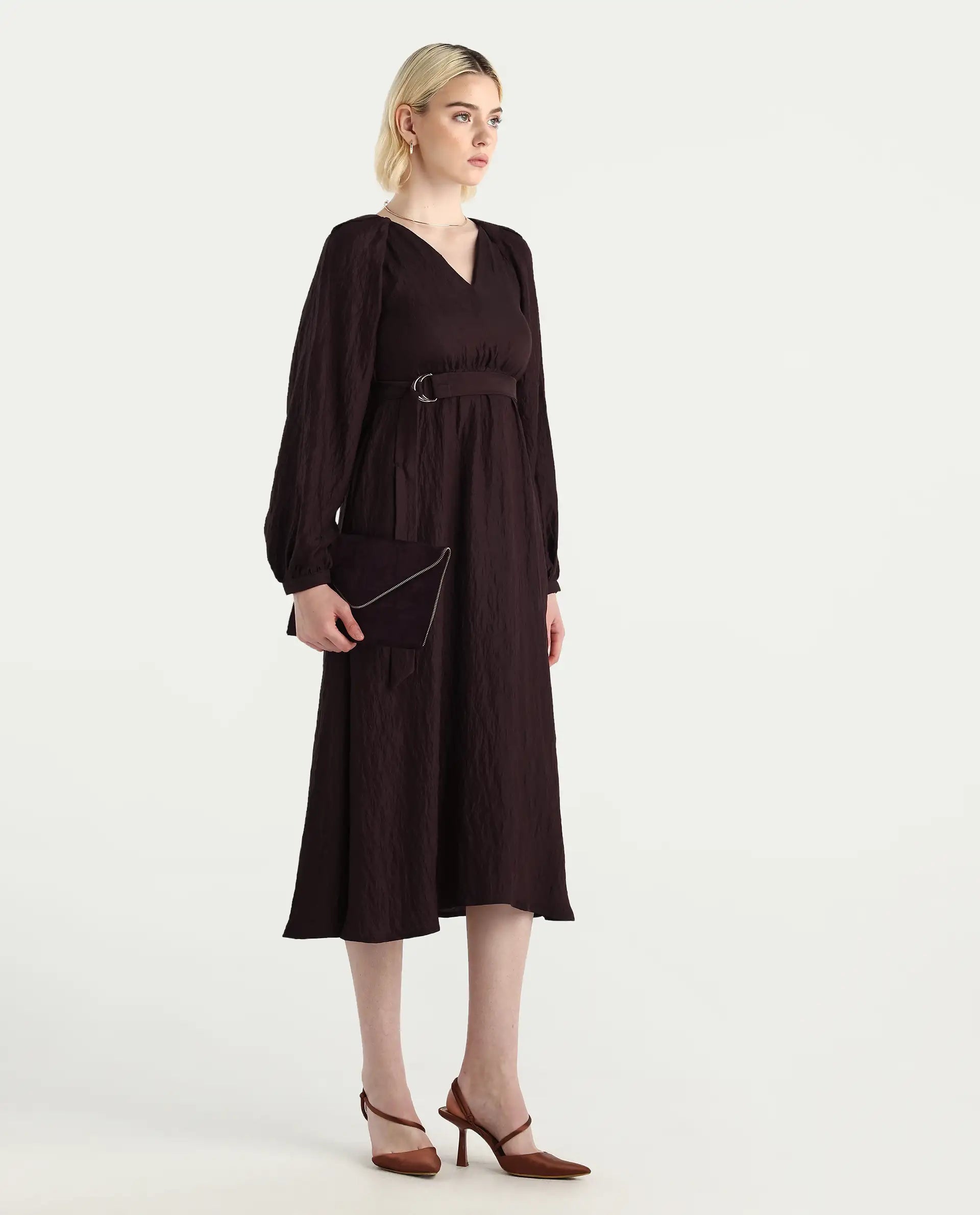 Rareism Women's Jumi Dark Brown Viscose Blend Raglan Sleeves V-Neck Flared Fit Plain Dress