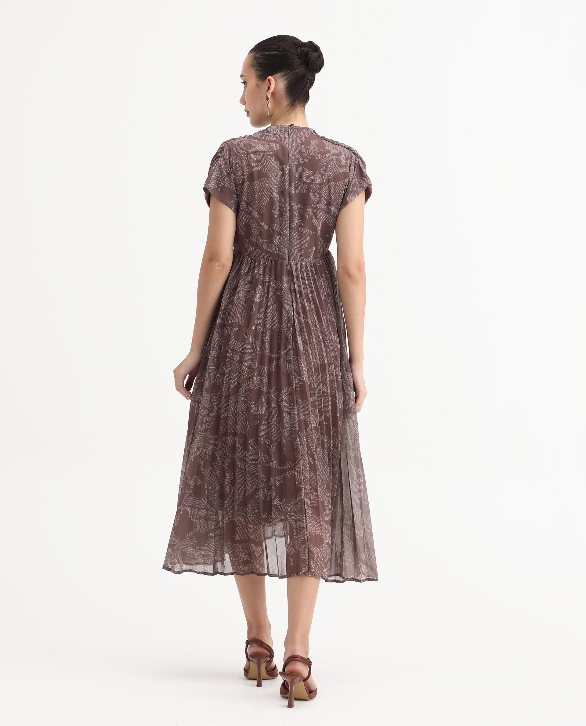 Rareism Women's Juremi Light Brown Cotton V-Neck Fit And Flare Printed Dress