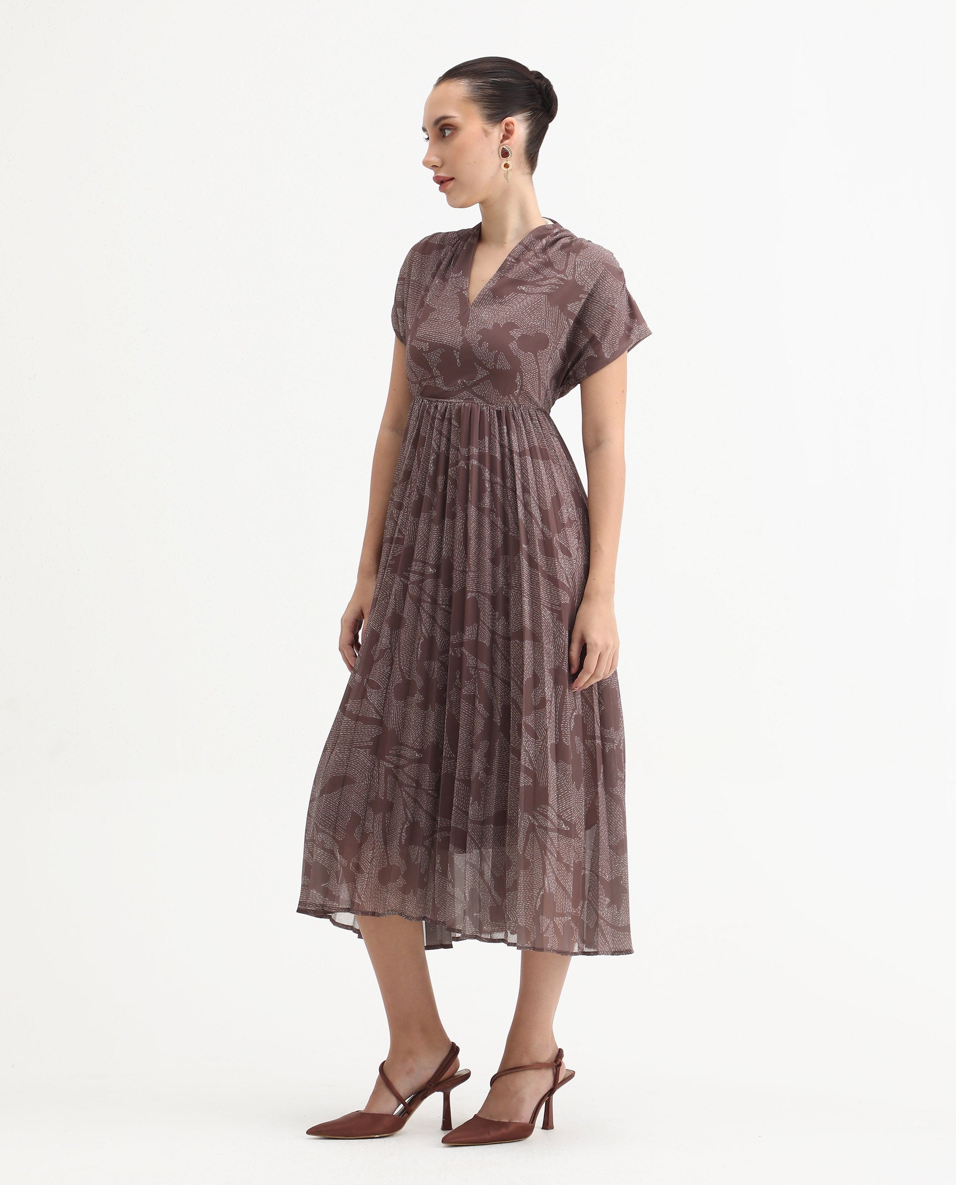 Rareism Women's Juremi Light Brown Cotton V-Neck Fit And Flare Printed Dress