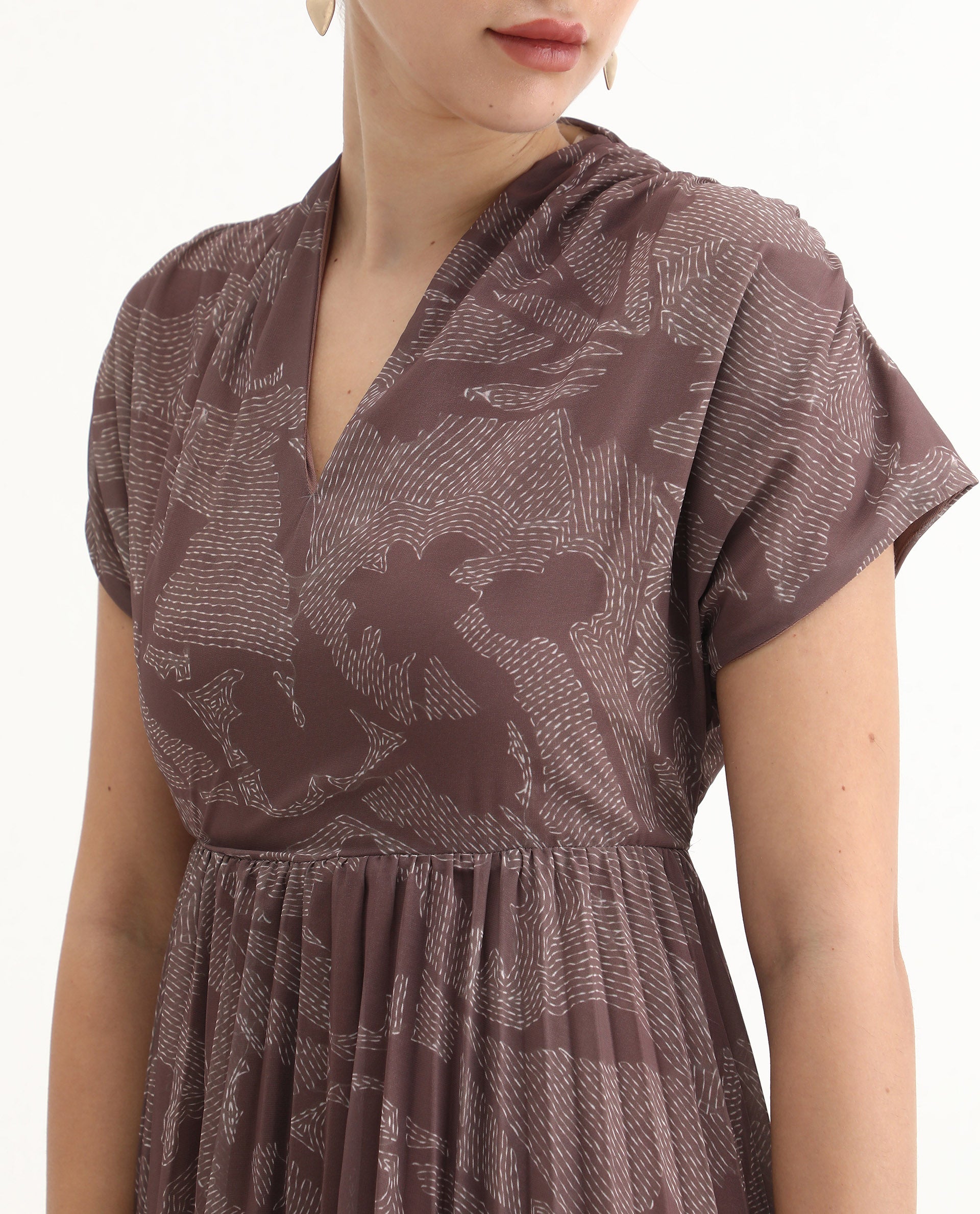 Rareism Women's Juremi Light Brown Cotton V-Neck Fit And Flare Printed Dress