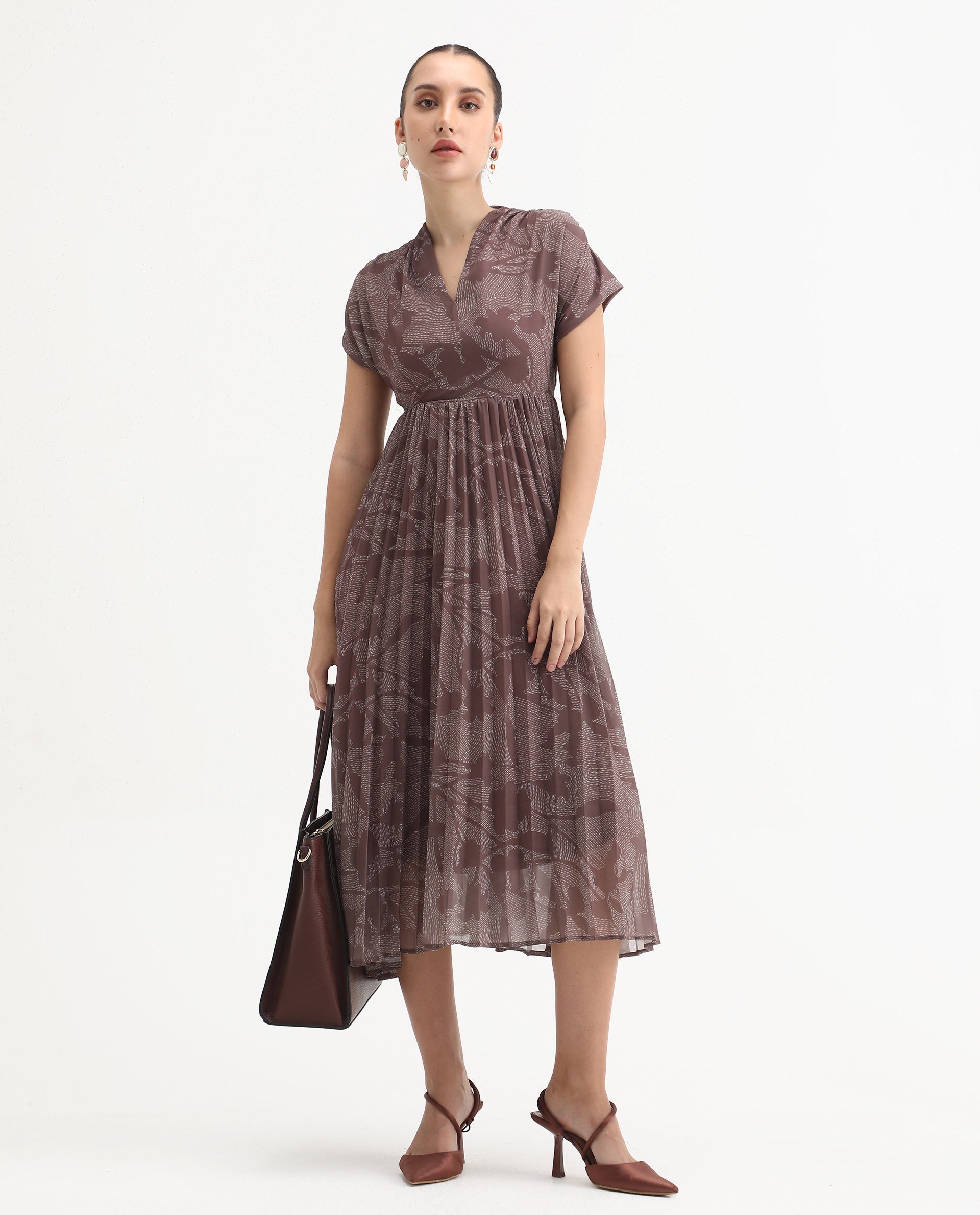 Rareism Women's Juremi Light Brown Cotton V-Neck Fit And Flare Printed Dress