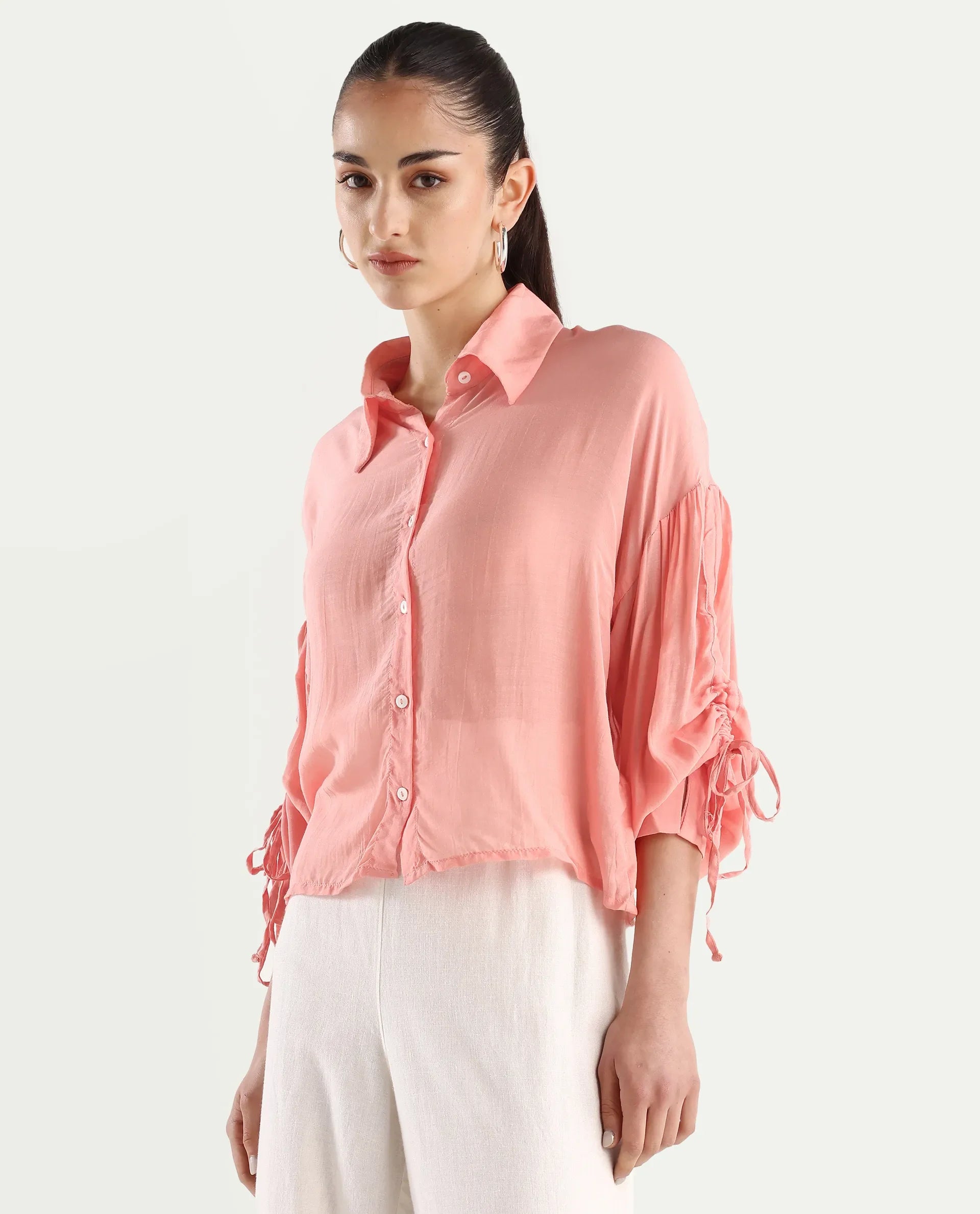 Rareism Women's Jux Pastel Pink Polyester Blend Drop Collar Plain Cuffed Sleeve Regular Fit Top