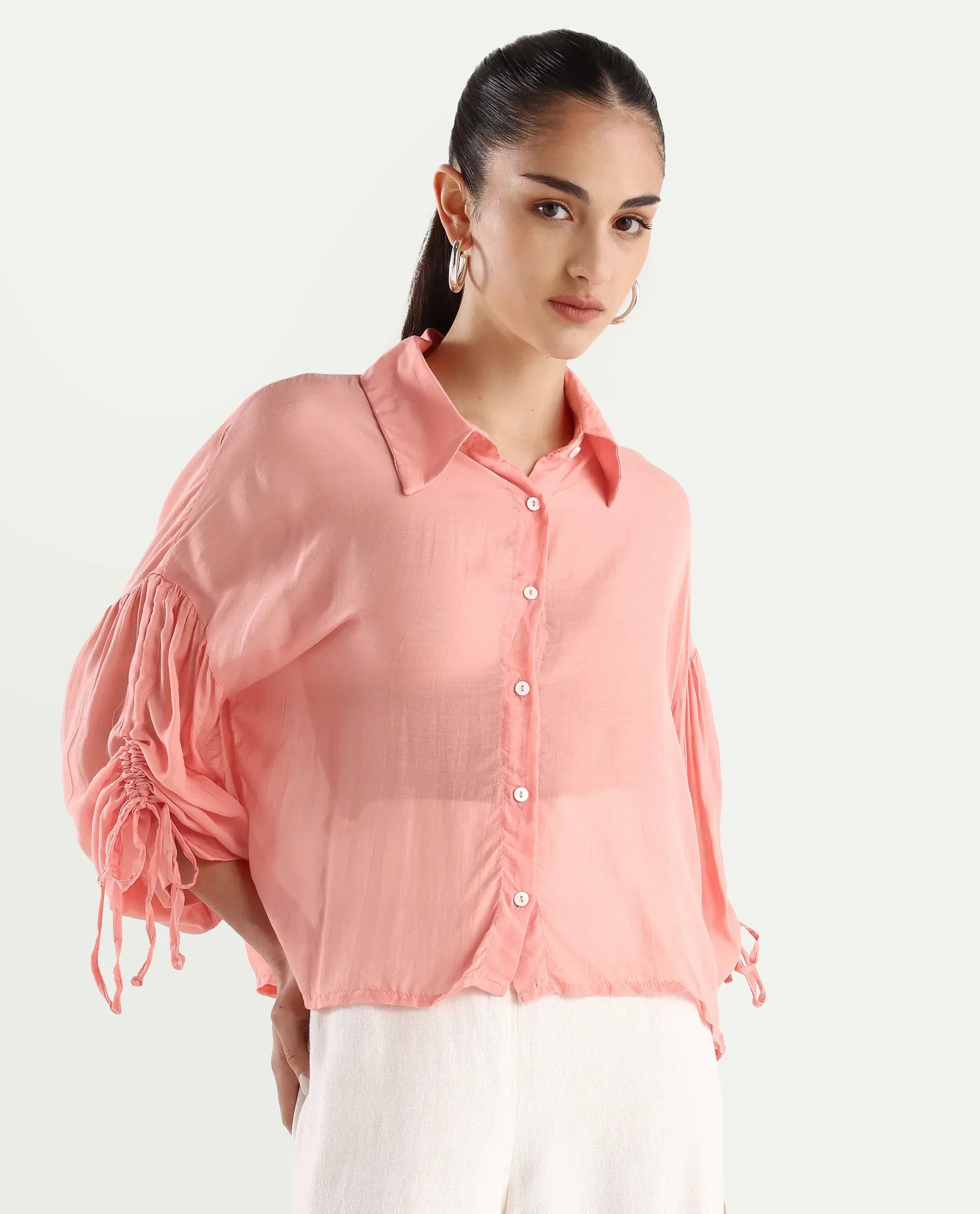 Rareism Women's Jux Pastel Pink Polyester Blend Drop Collar Plain Cuffed Sleeve Regular Fit Top
