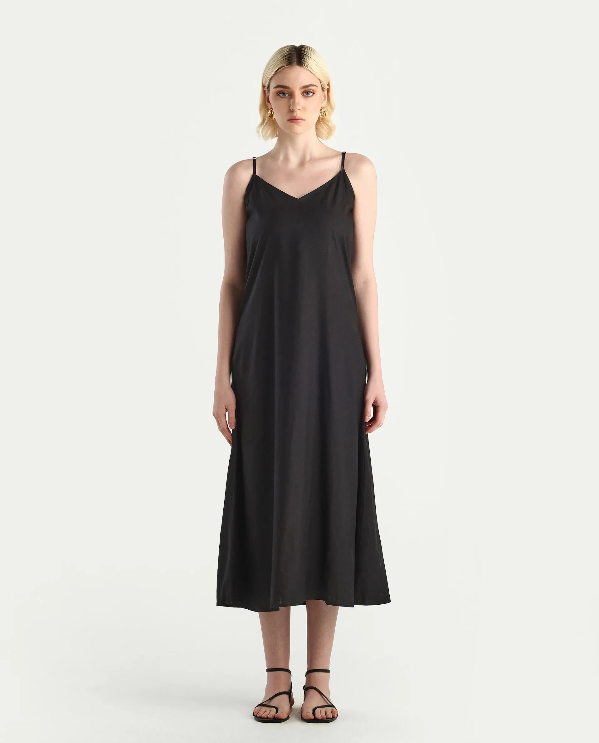 Rareism Women's Jux Black Viscose Full Sleeve Spread Collar Fit And Flare Dress