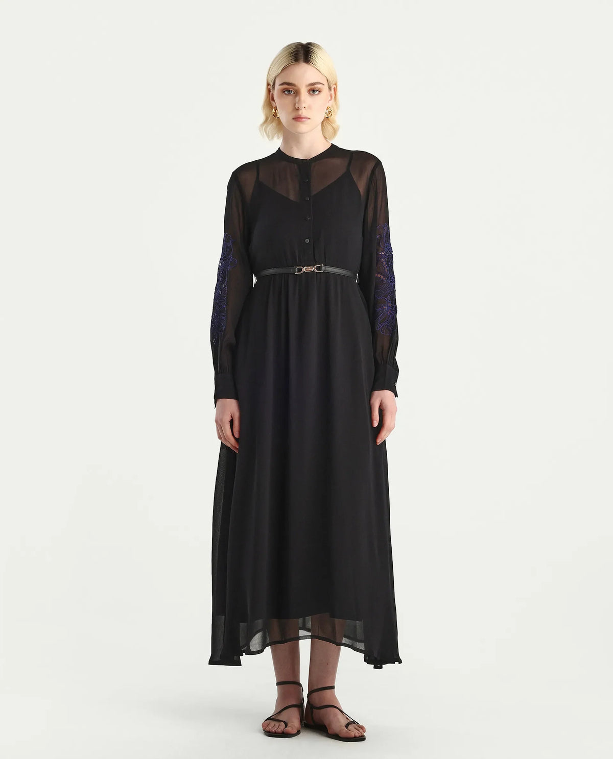 Rareism Women's Jux Black Viscose Full Sleeve Spread Collar Fit And Flare Dress