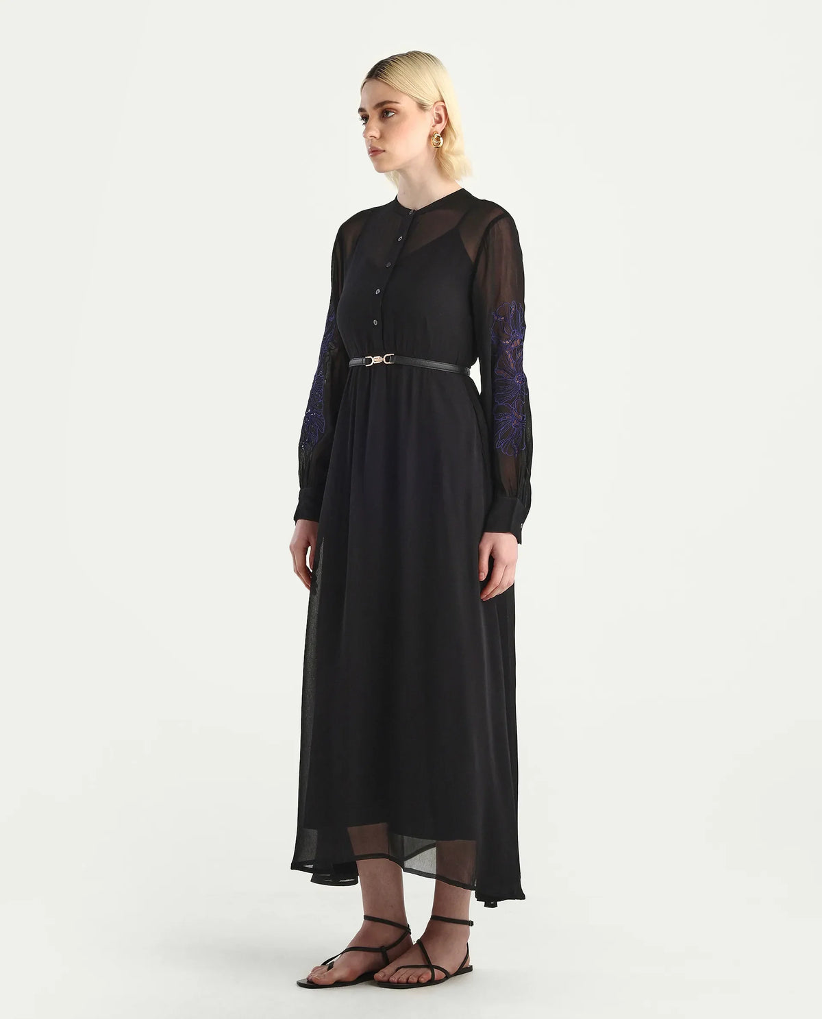 Rareism Women's Jux Black Viscose Full Sleeve Spread Collar Fit And Flare Dress