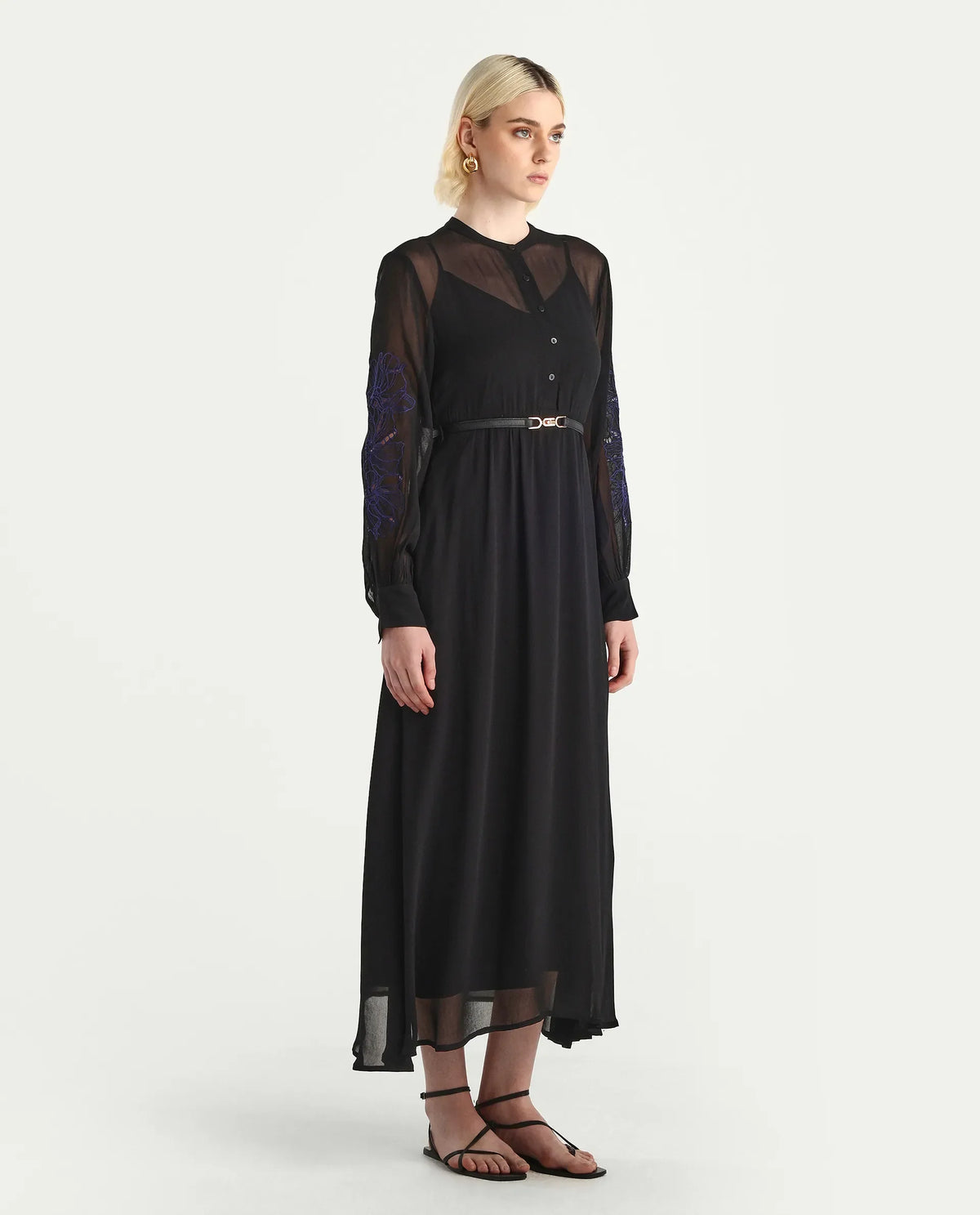 Rareism Women's Jux Black Viscose Full Sleeve Spread Collar Fit And Flare Dress