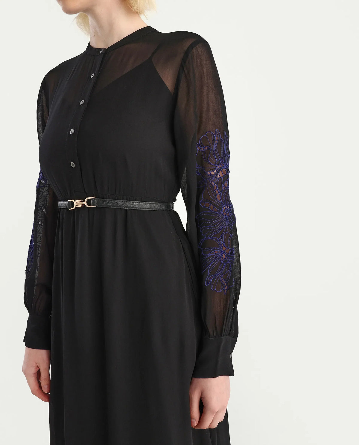 Rareism Women's Jux Black Viscose Full Sleeve Spread Collar Fit And Flare Dress