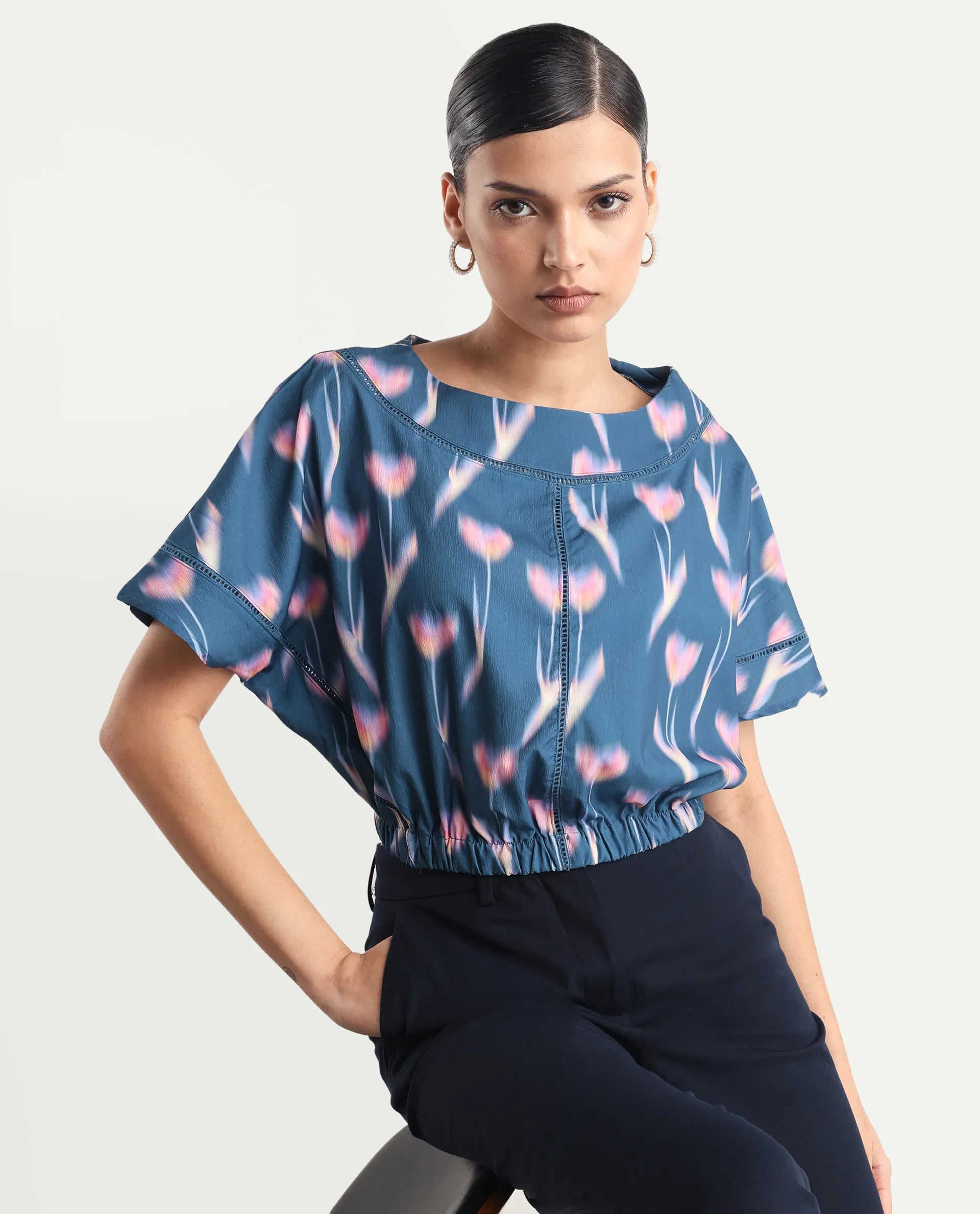 Rareism Women's Kahlani Dark Grey Polyester Blend Boat Neck Abstract Print Extended Sleeves Regular Fit Top