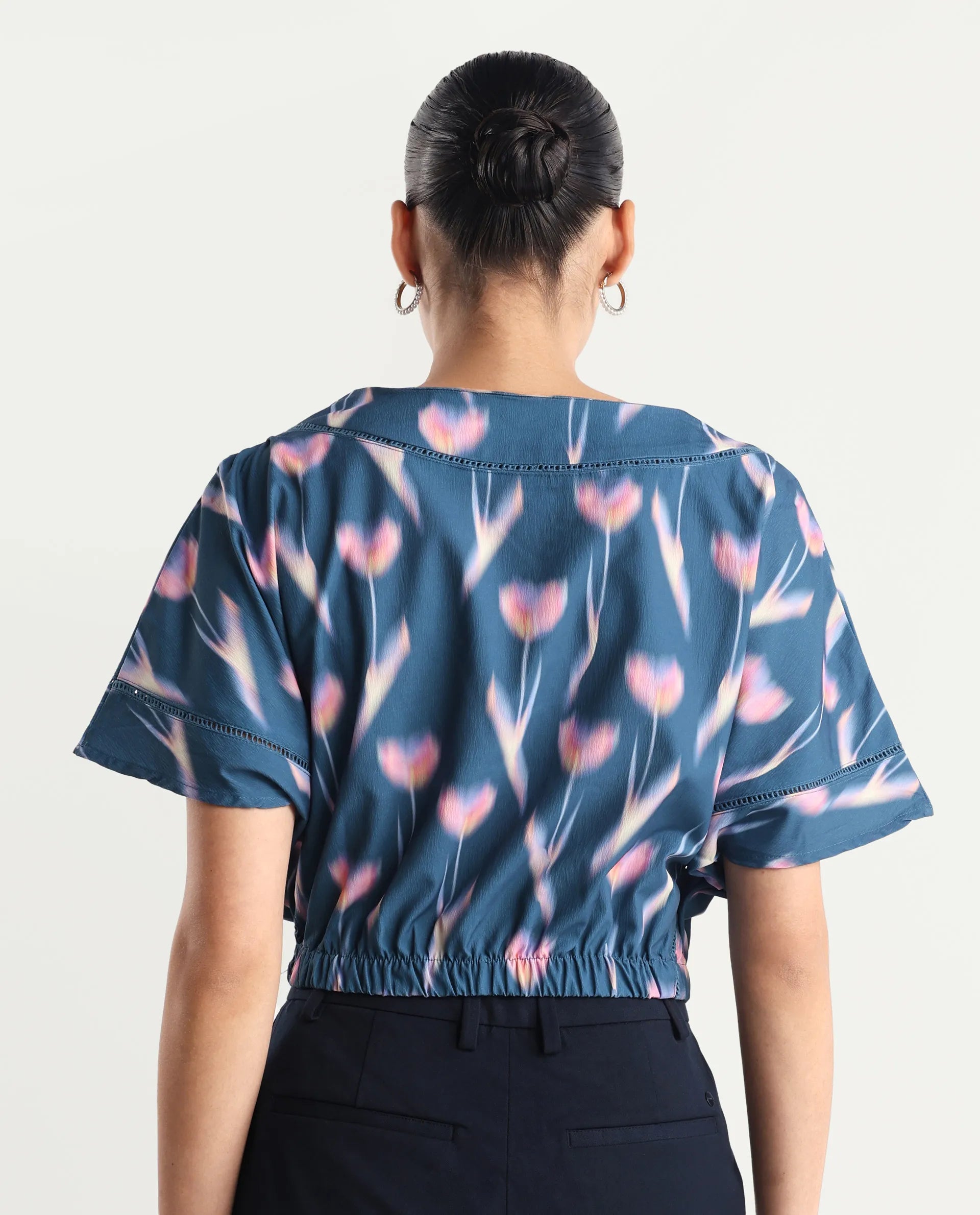 Rareism Women's Kahlani Dark Grey Polyester Blend Boat Neck Abstract Print Extended Sleeves Regular Fit Top