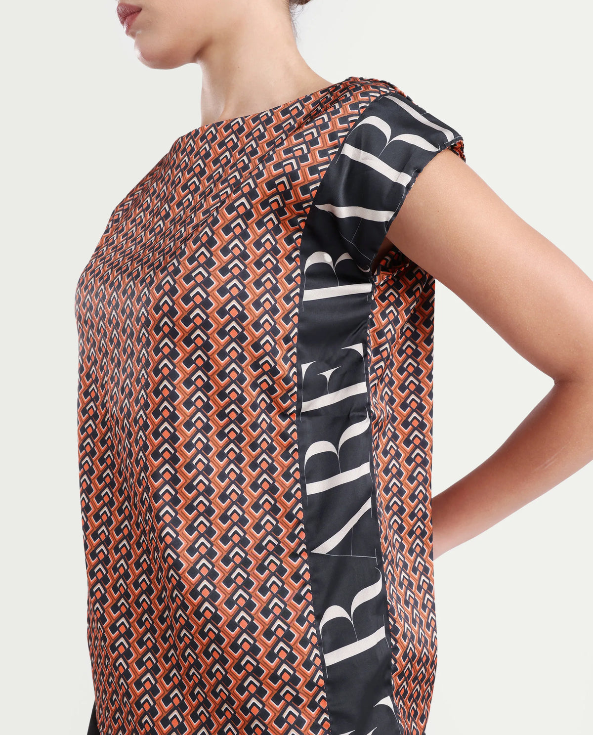 Rareism Women's Kanad Orange Polyester Boat Neck Geometric Print Extended Sleeves Relaxed Fit Top
