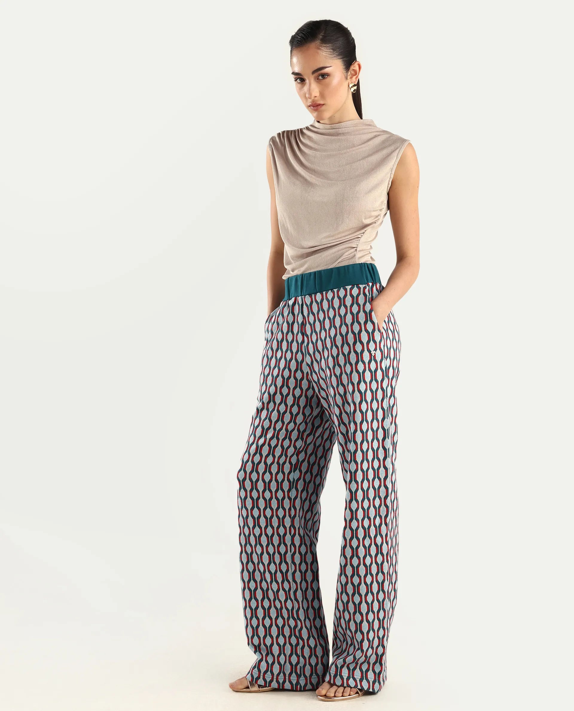 Rareism Women's Kane Multi Cotton Blend Geometric Print Ankle Length Straight Fit Track Pant