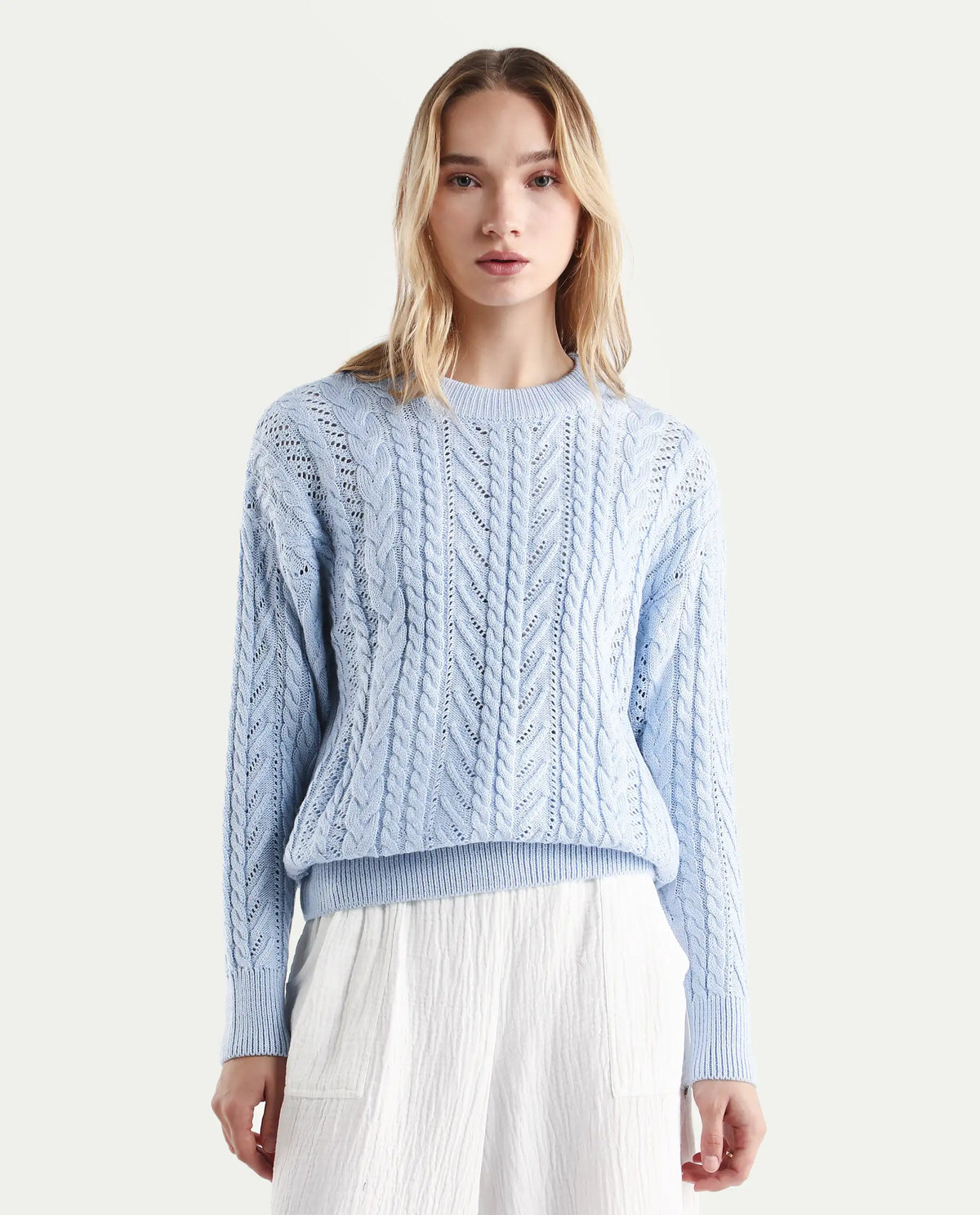 Rareism Women's Kaya Light Blue Acrylic Crew Neck Plain Regular Fit Sweater
