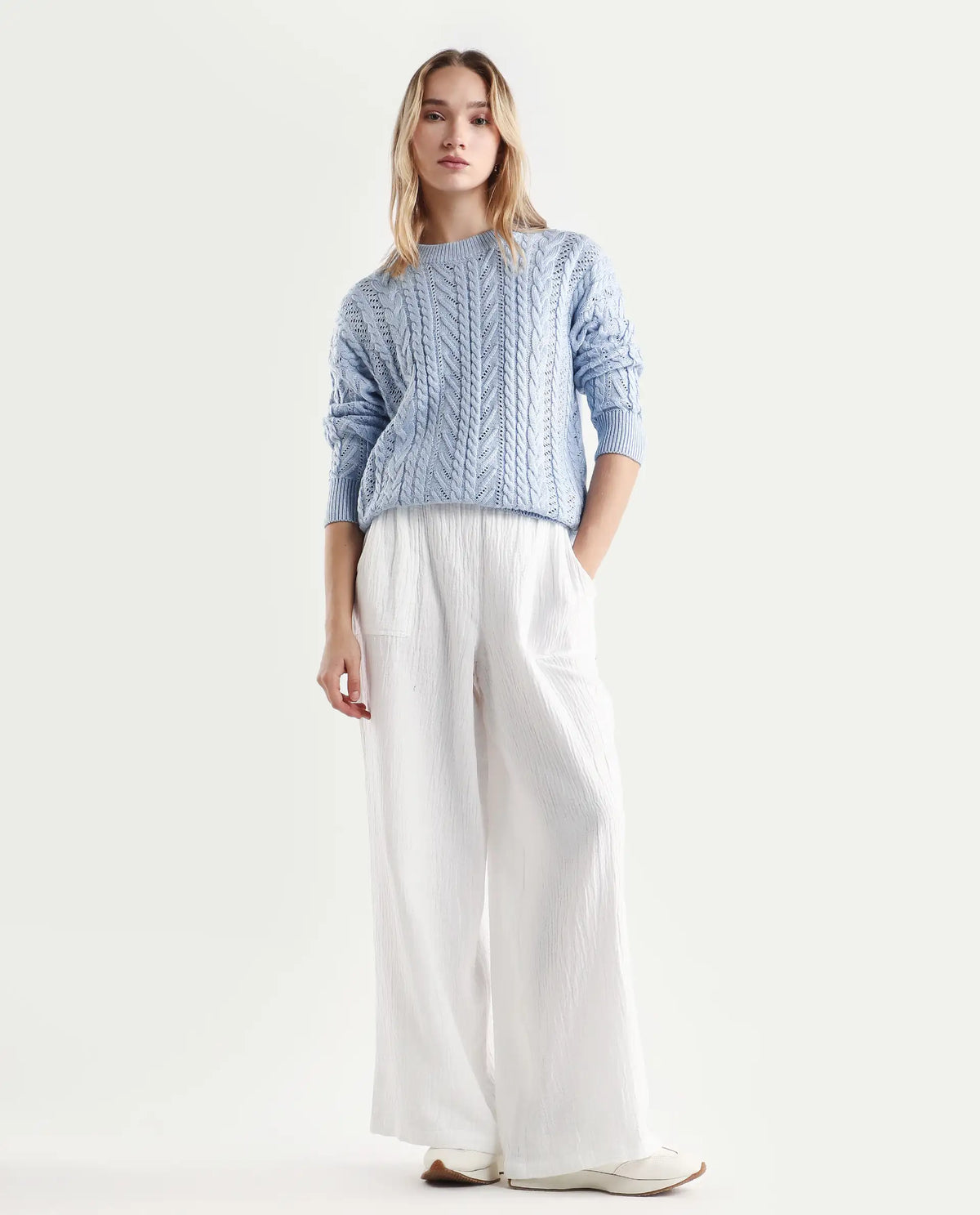 Rareism Women's Kaya Light Blue Acrylic Crew Neck Plain Regular Fit Sweater