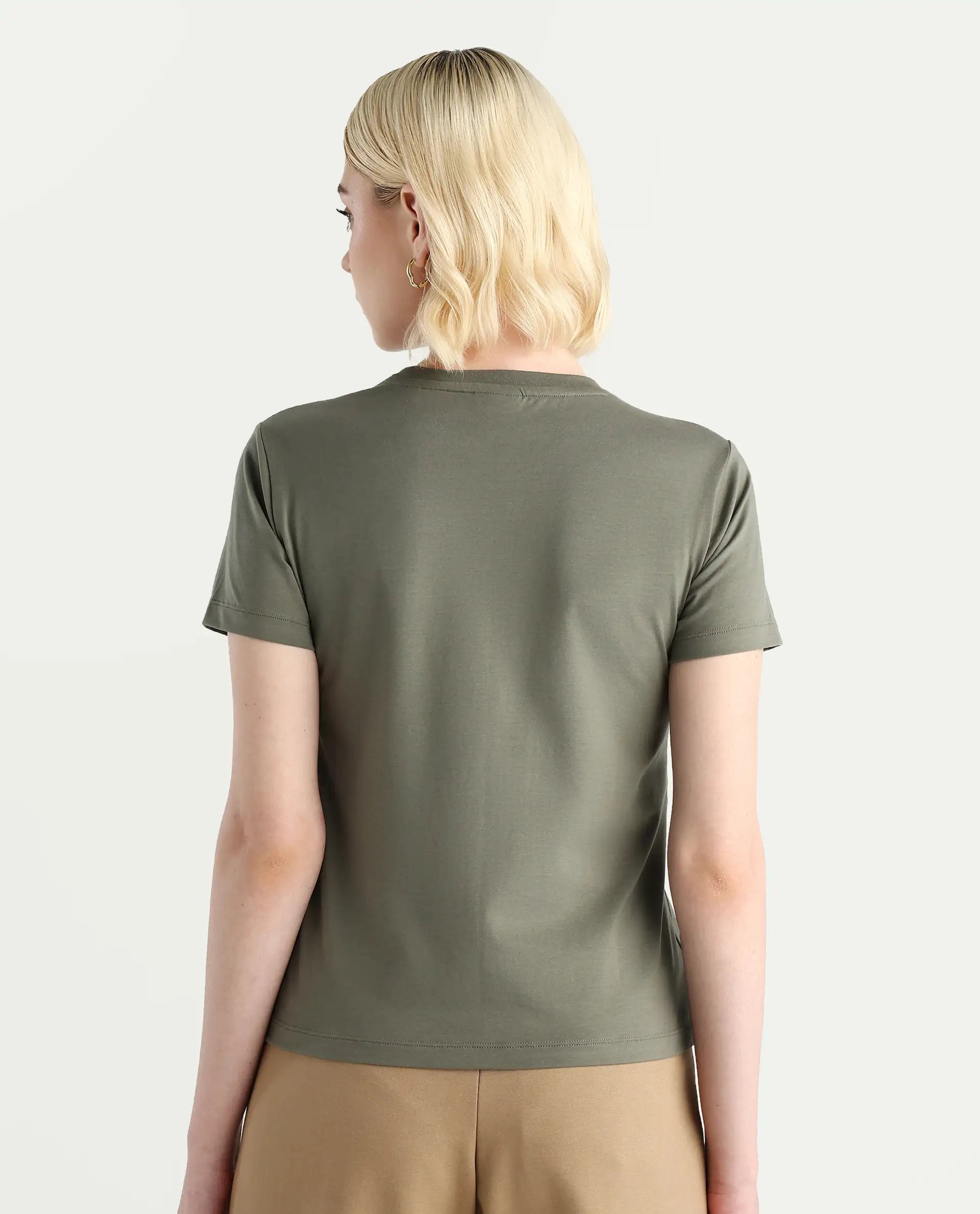 Rareism Women's Keyf Dusky Green Cotton Blend Fabric Crew Neck Regular Fit Printed T-Shirt