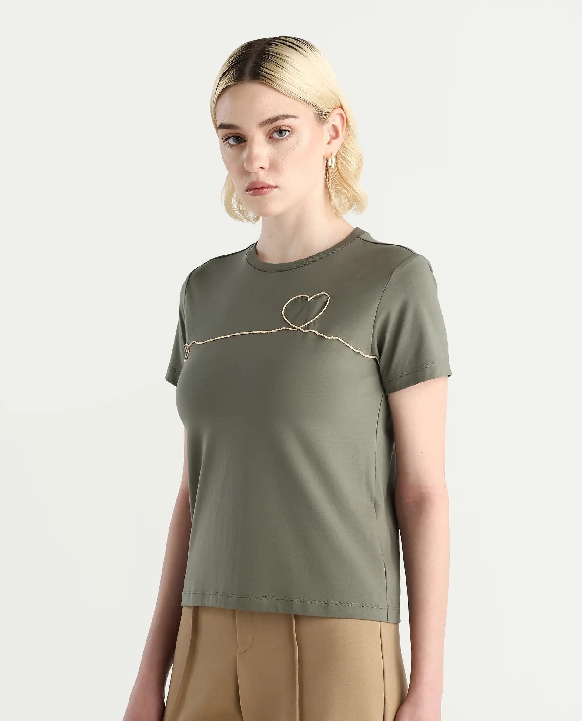 Rareism Women's Keyf Dusky Green Cotton Blend Fabric Crew Neck Regular Fit Printed T-Shirt