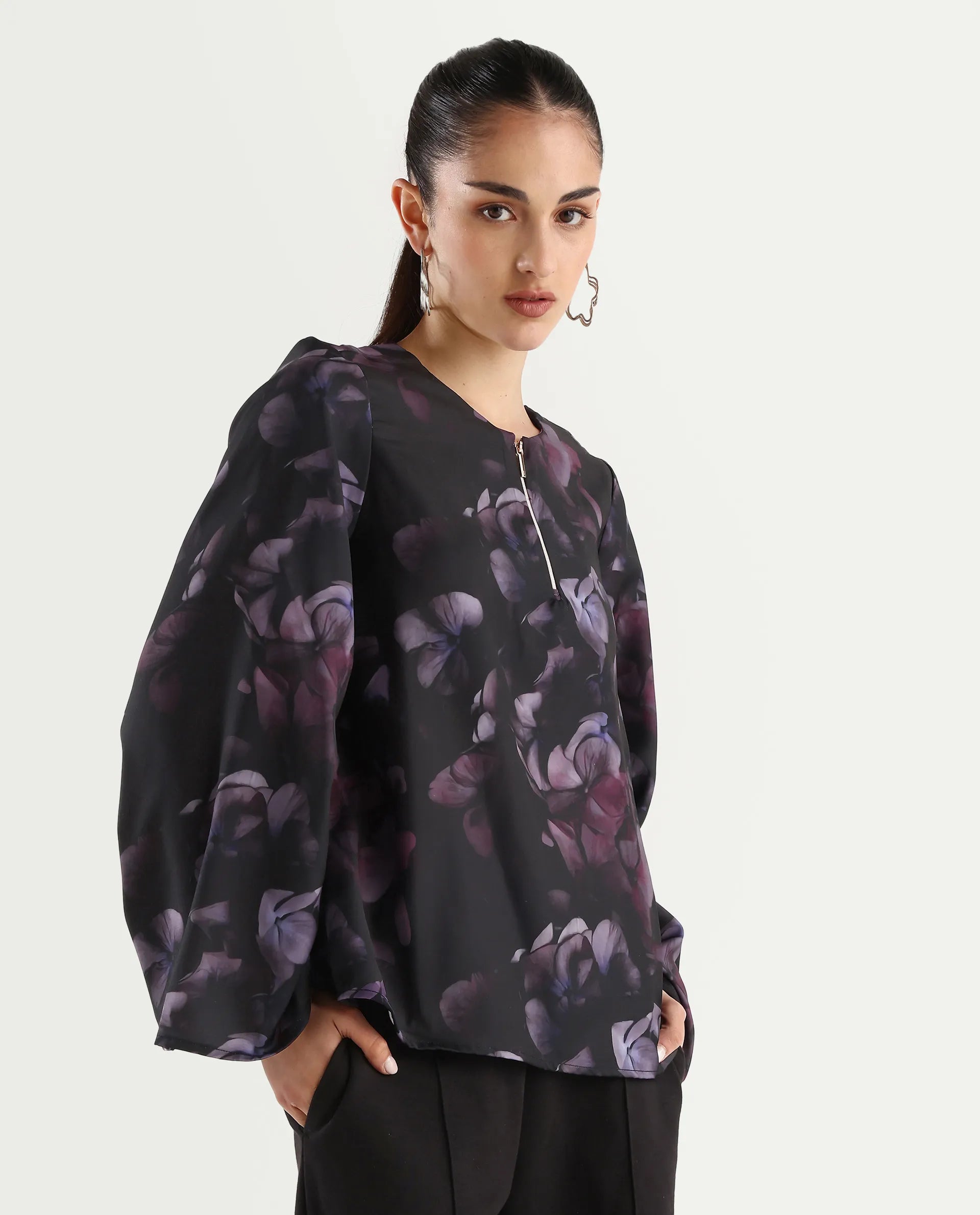 Rareism Women's Kiko Multi Polyester Crew Neck Floral Print Volume Sleeve Regular Fit Top