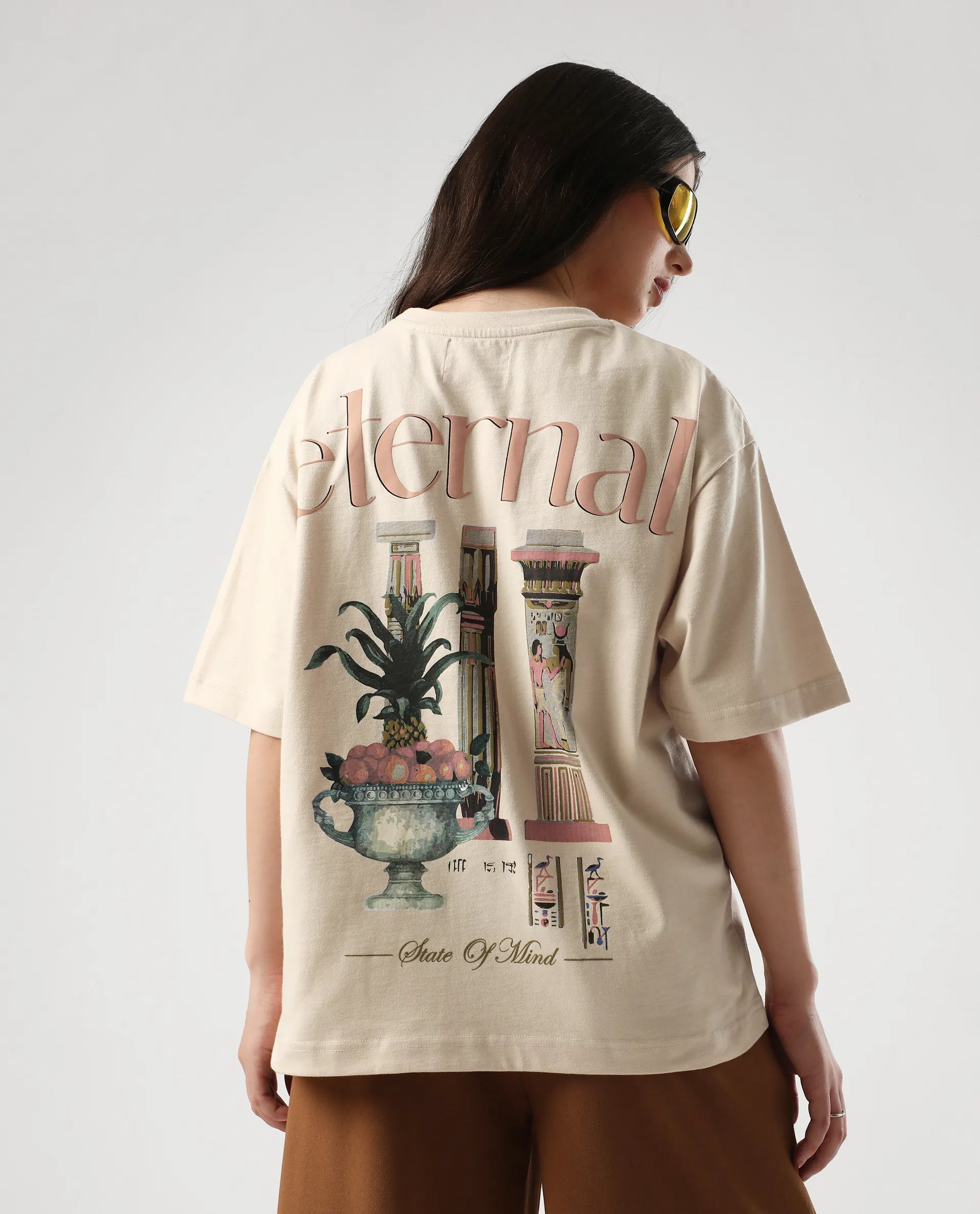 Rareism Women's Klend Off White Cotton Graphic Print Oversized T-Shirt