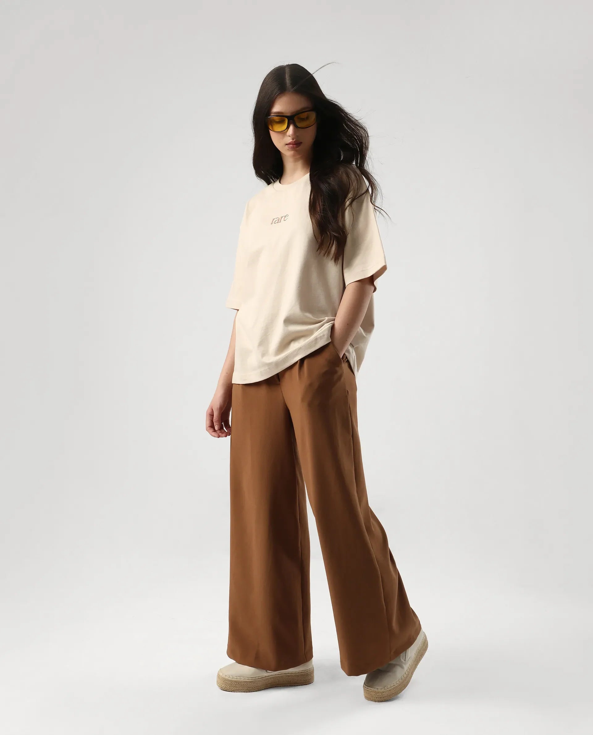 Rareism Women's Klend Off White Cotton Graphic Print Oversized T-Shirt