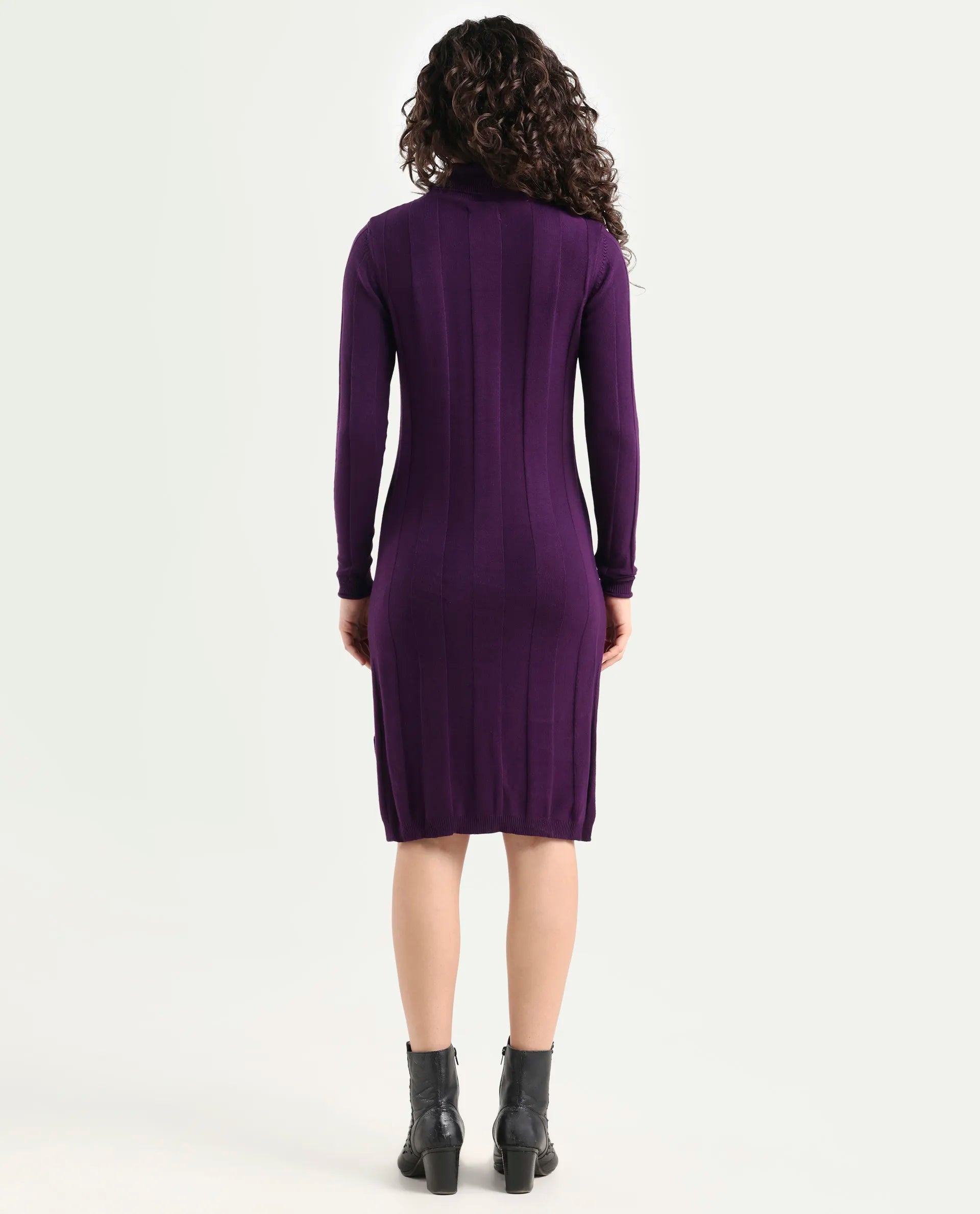 Rareism Women's Knitka Purple Viscose Turtle Neck Striped Knee Length Regular Fit Sweater