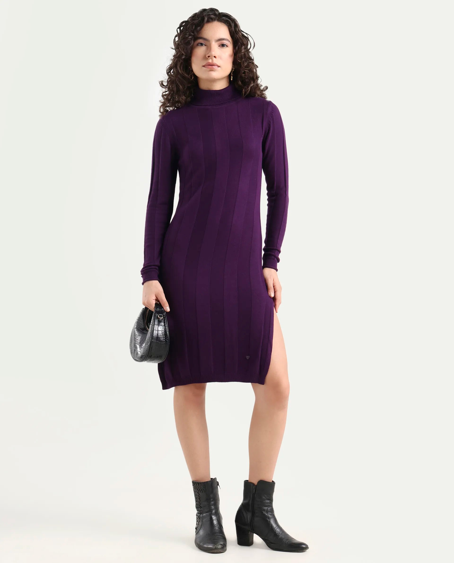 Rareism Women's Knitka Purple Viscose Turtle Neck Striped Knee Length Regular Fit Sweater