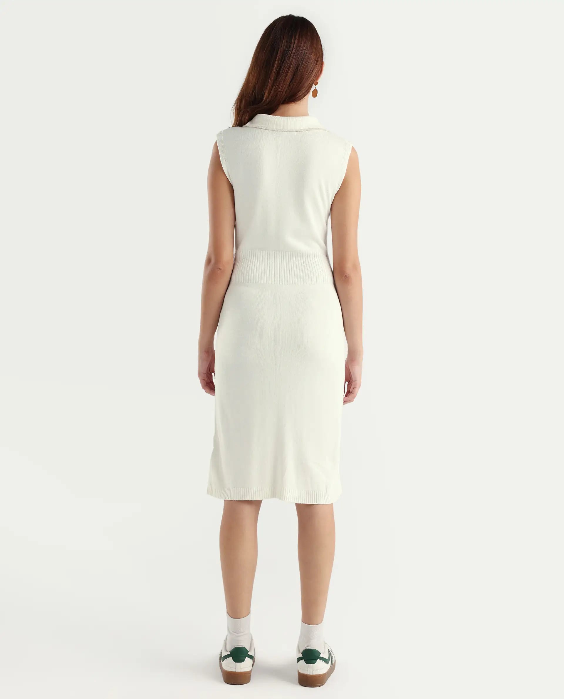 Rareism Women's Knitsy Off White Viscose Spread Collar Plain Sleeveless Knee Length Regular Fit Sweater