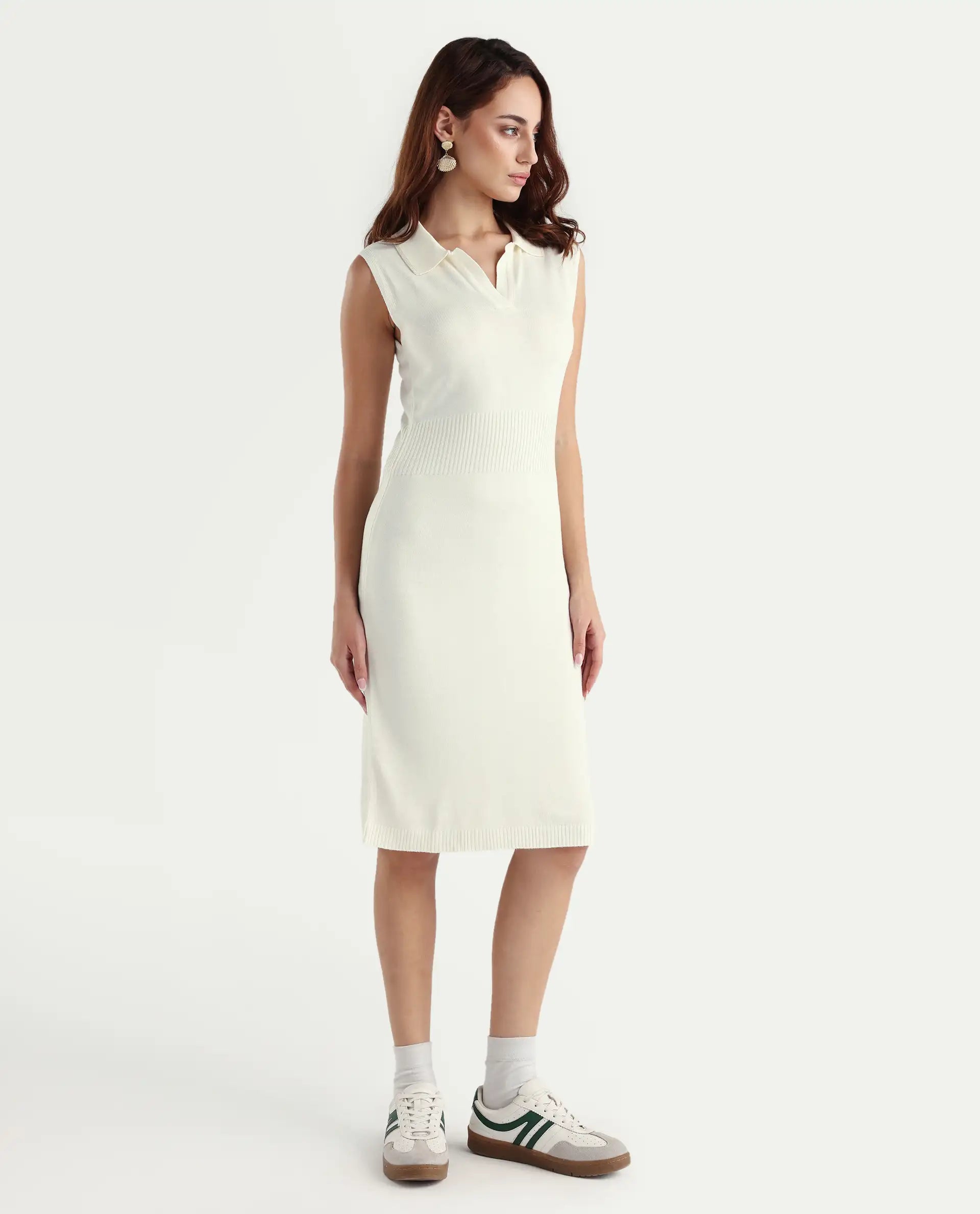 Rareism Women's Knitsy Off White Viscose Spread Collar Plain Sleeveless Knee Length Regular Fit Sweater