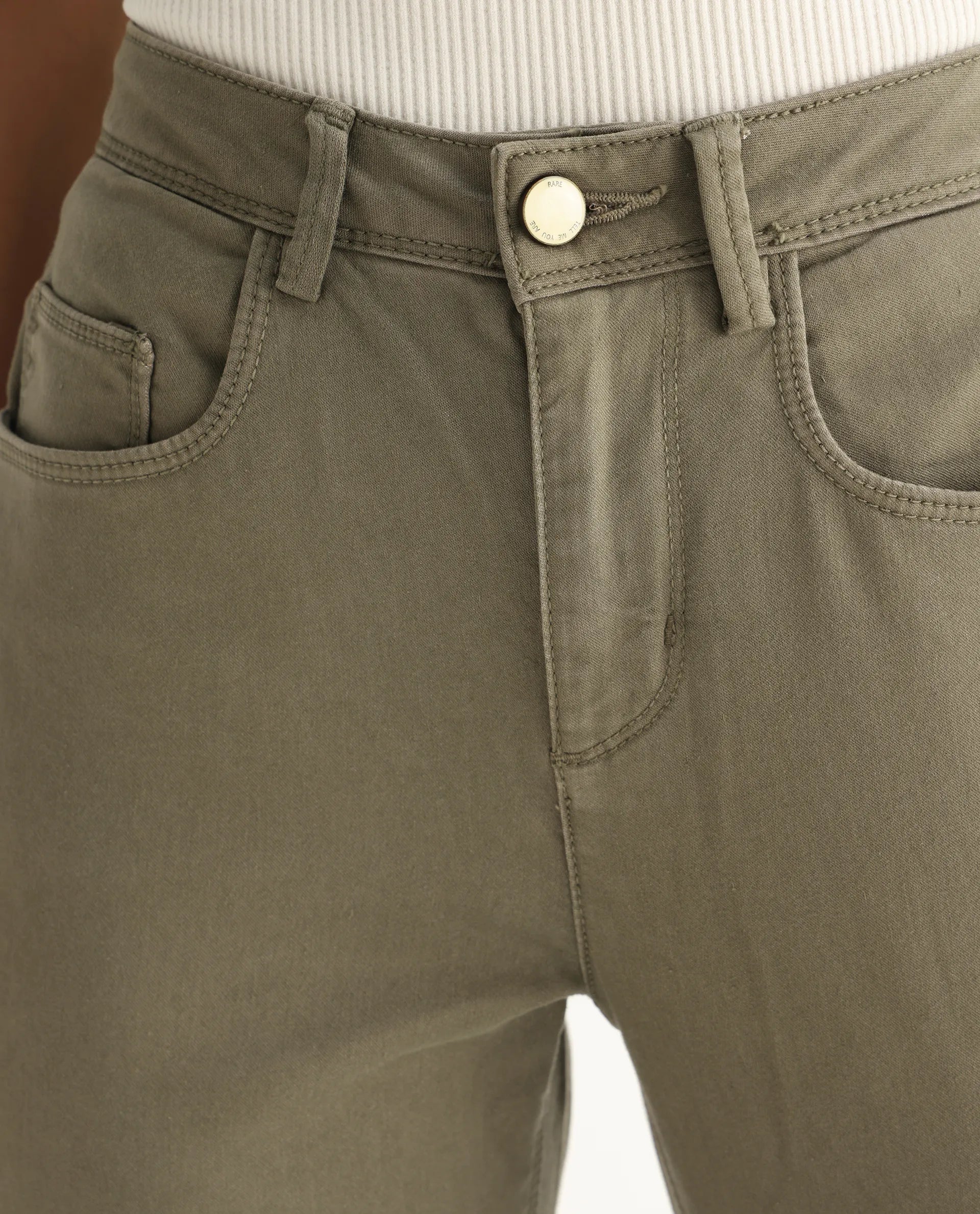 Rareism Women's Kocho Green Cotton Blend Plain Ankle Length Slim Fit Jeans