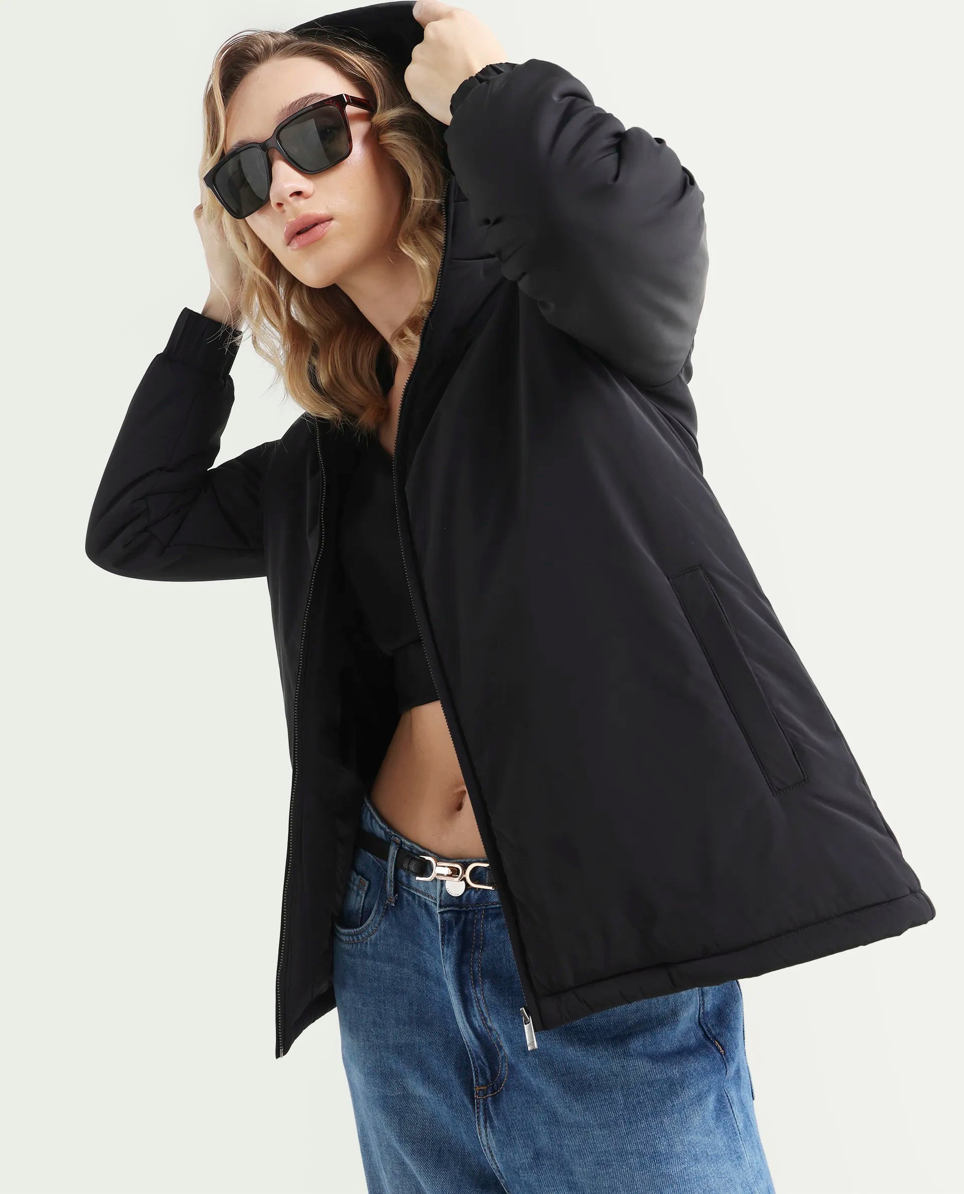 Rareism Women's Kosty Black Polyester Hoody Jacket Plain Jacket