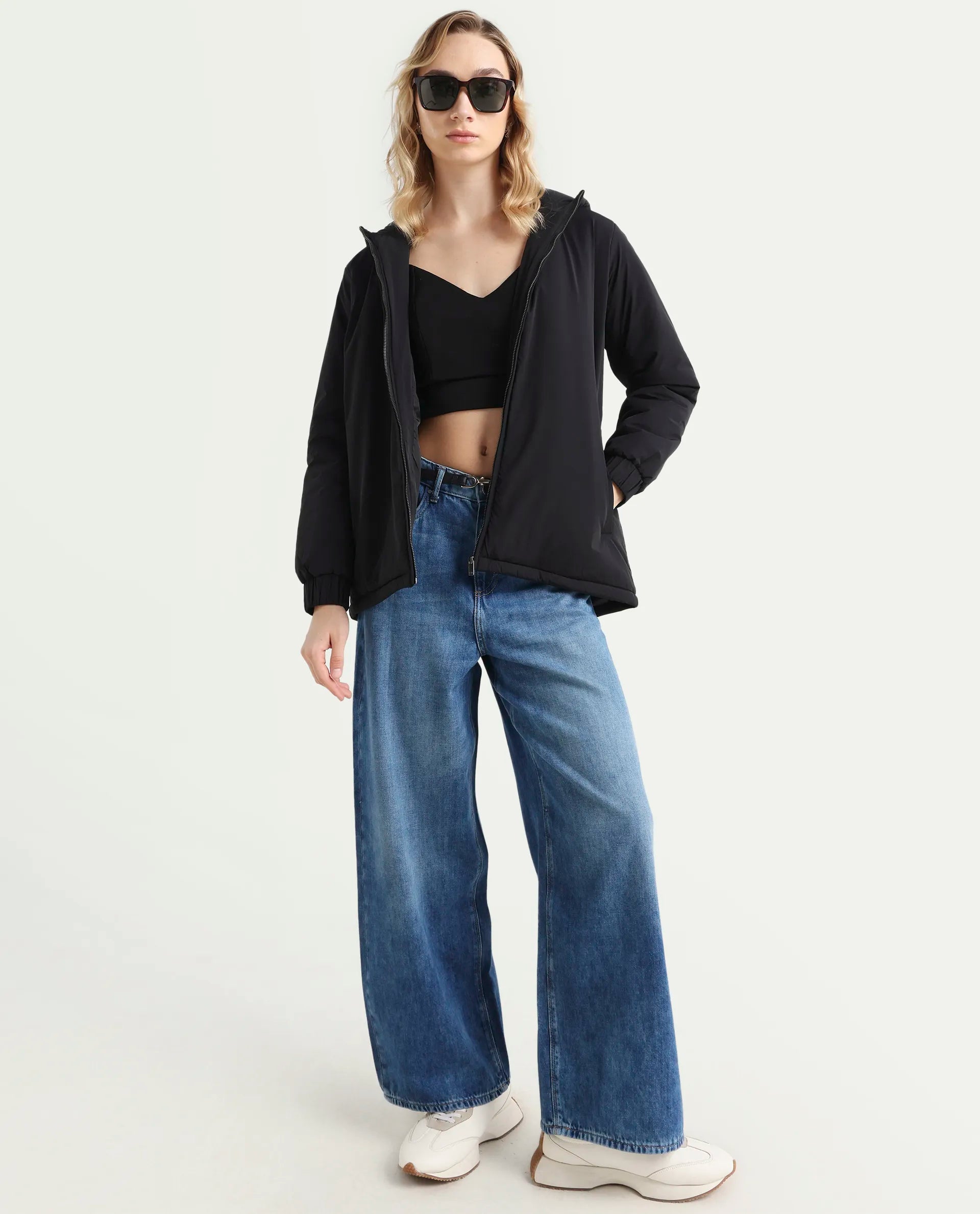 Rareism Women's Kosty Black Polyester Hoody Jacket Plain Jacket