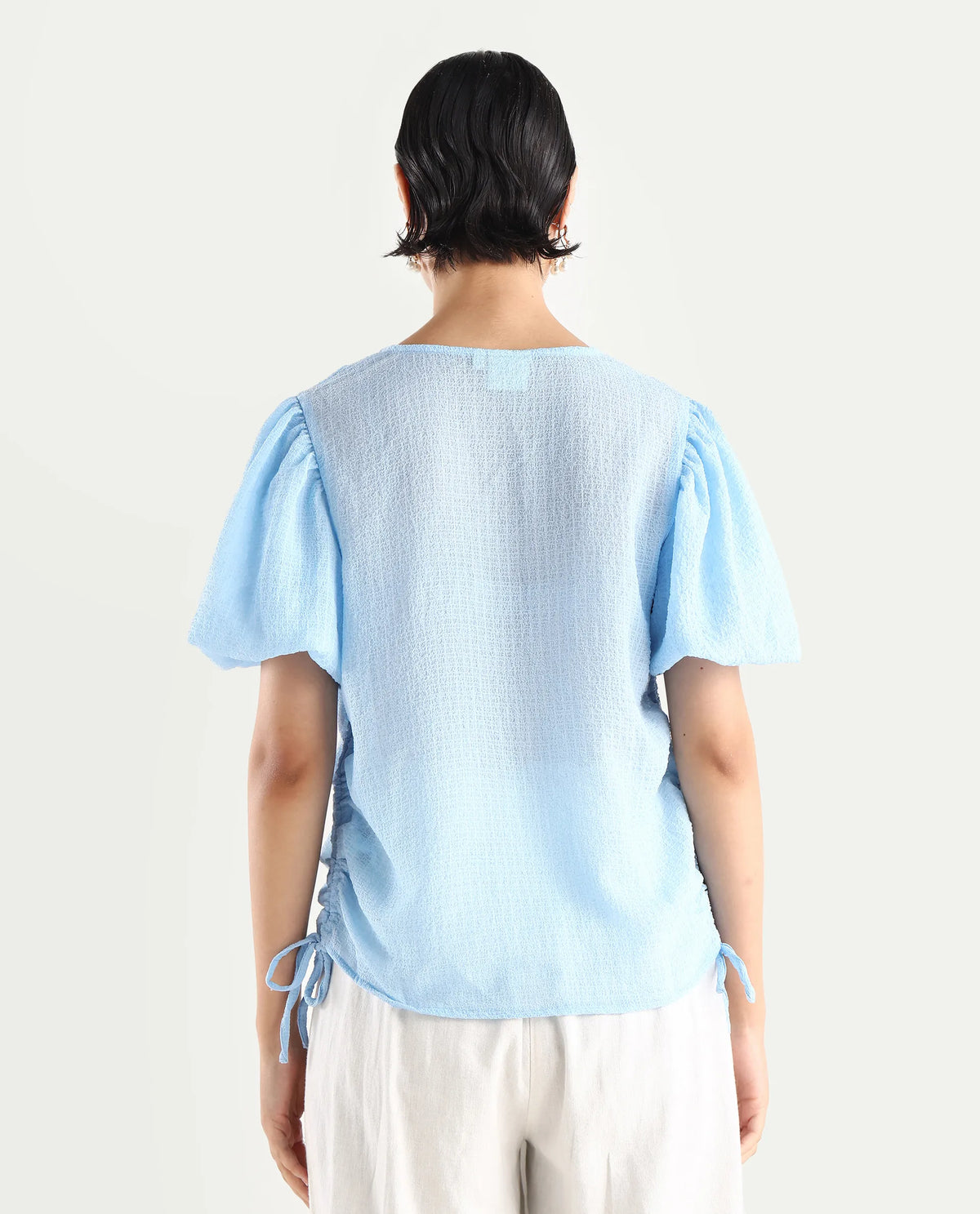 Rareism Women's Krien Light Blue Polyester V-Neck Plain Balloon Sleeve Regular Fit Top