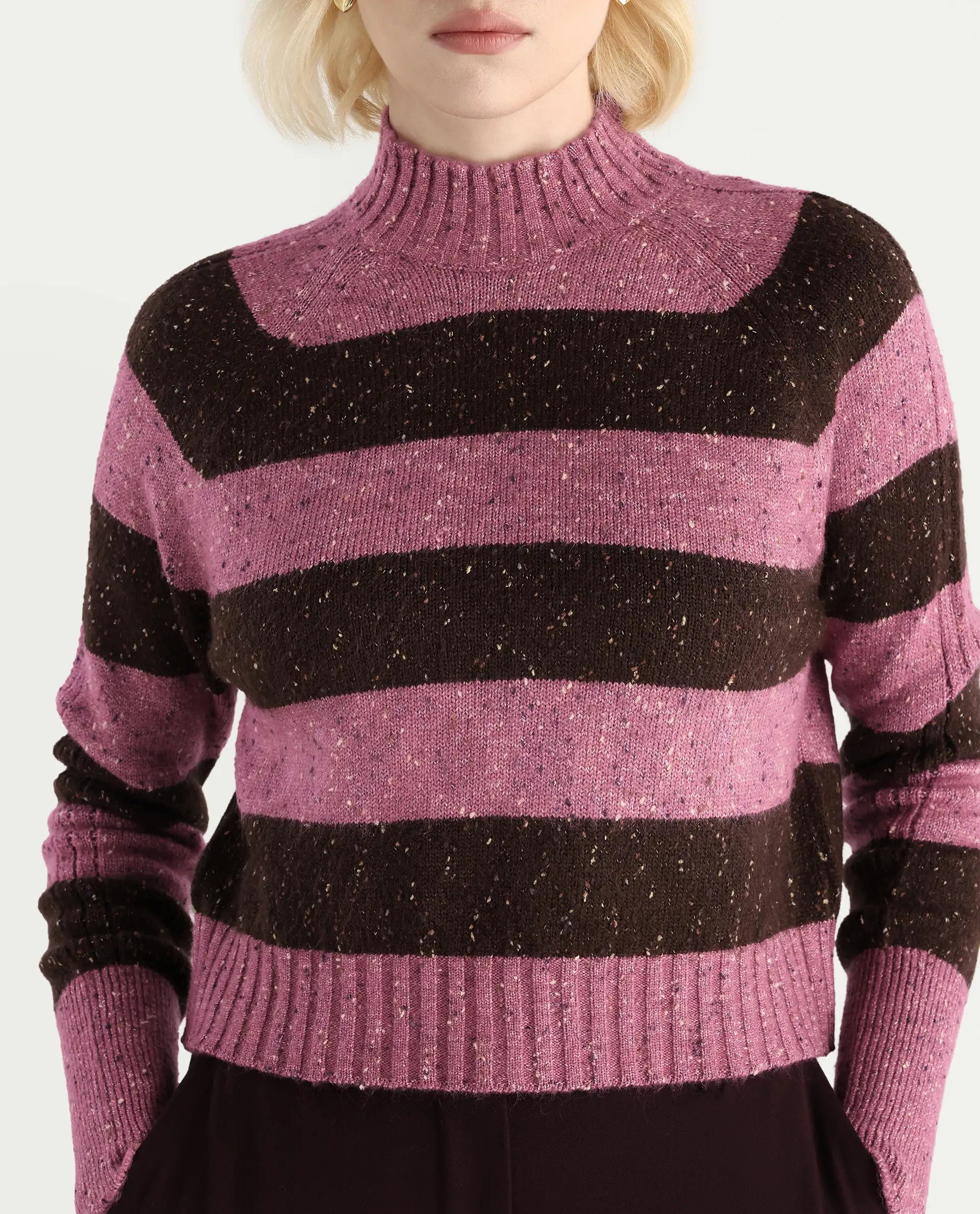 Rareism Women's Kris Dark Brown Acrylic Blend High Neck Relaxed Fit Sweater