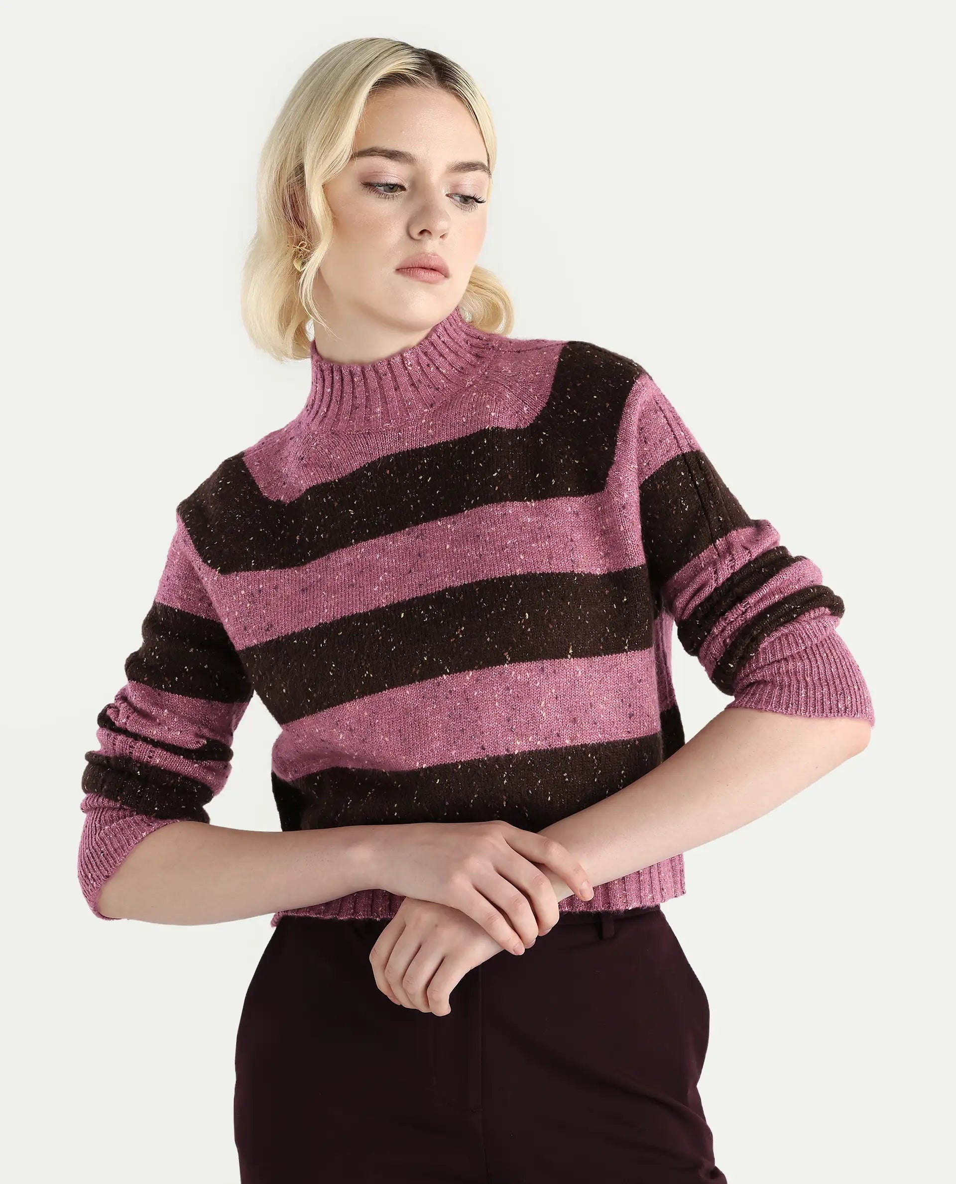 Rareism Women's Kris Dark Brown Acrylic Blend High Neck Relaxed Fit Sweater