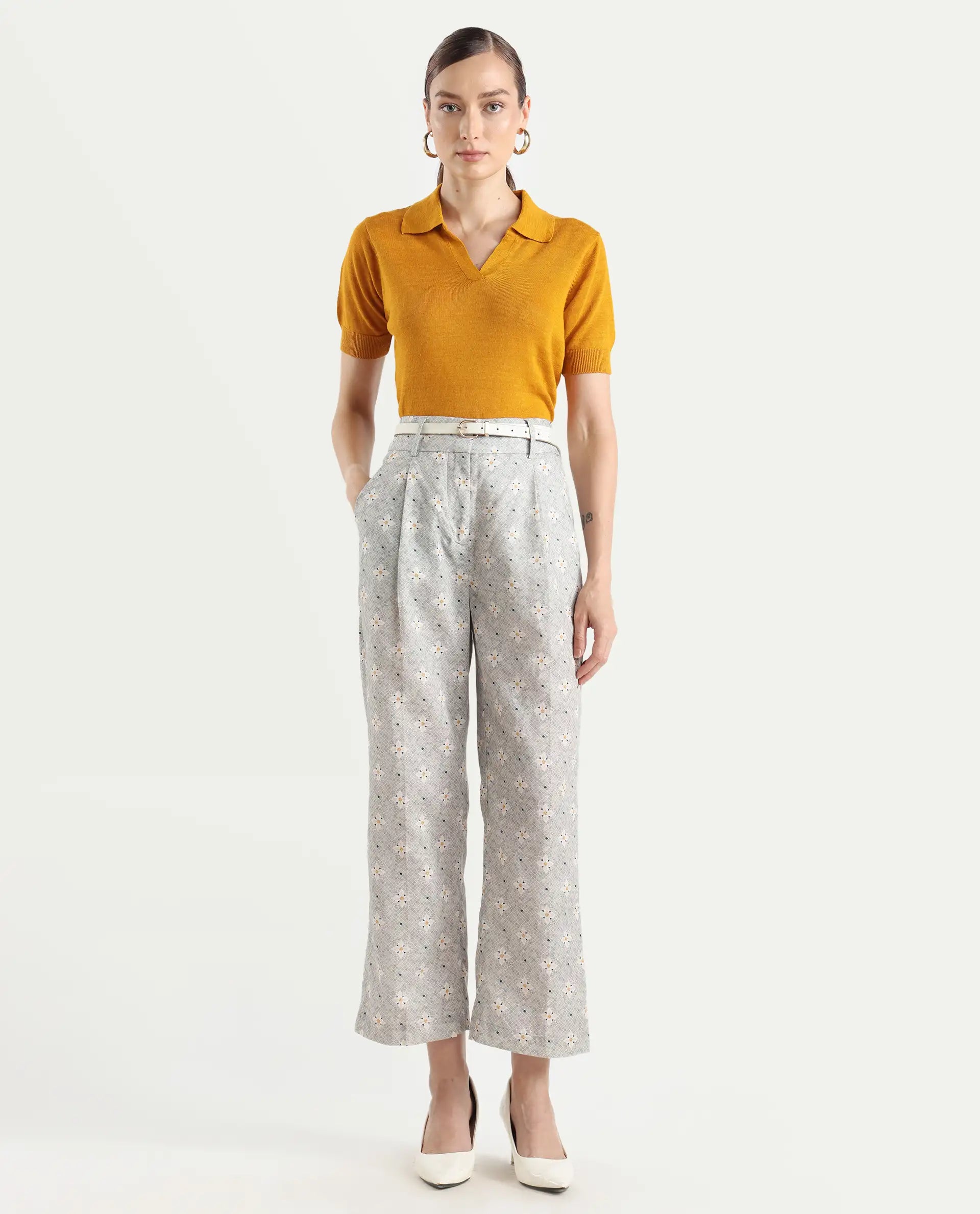 Rareism Women's Kuzal Light Grey Cotton Blend Floral Print Ankle Length Straight Fit Trouser