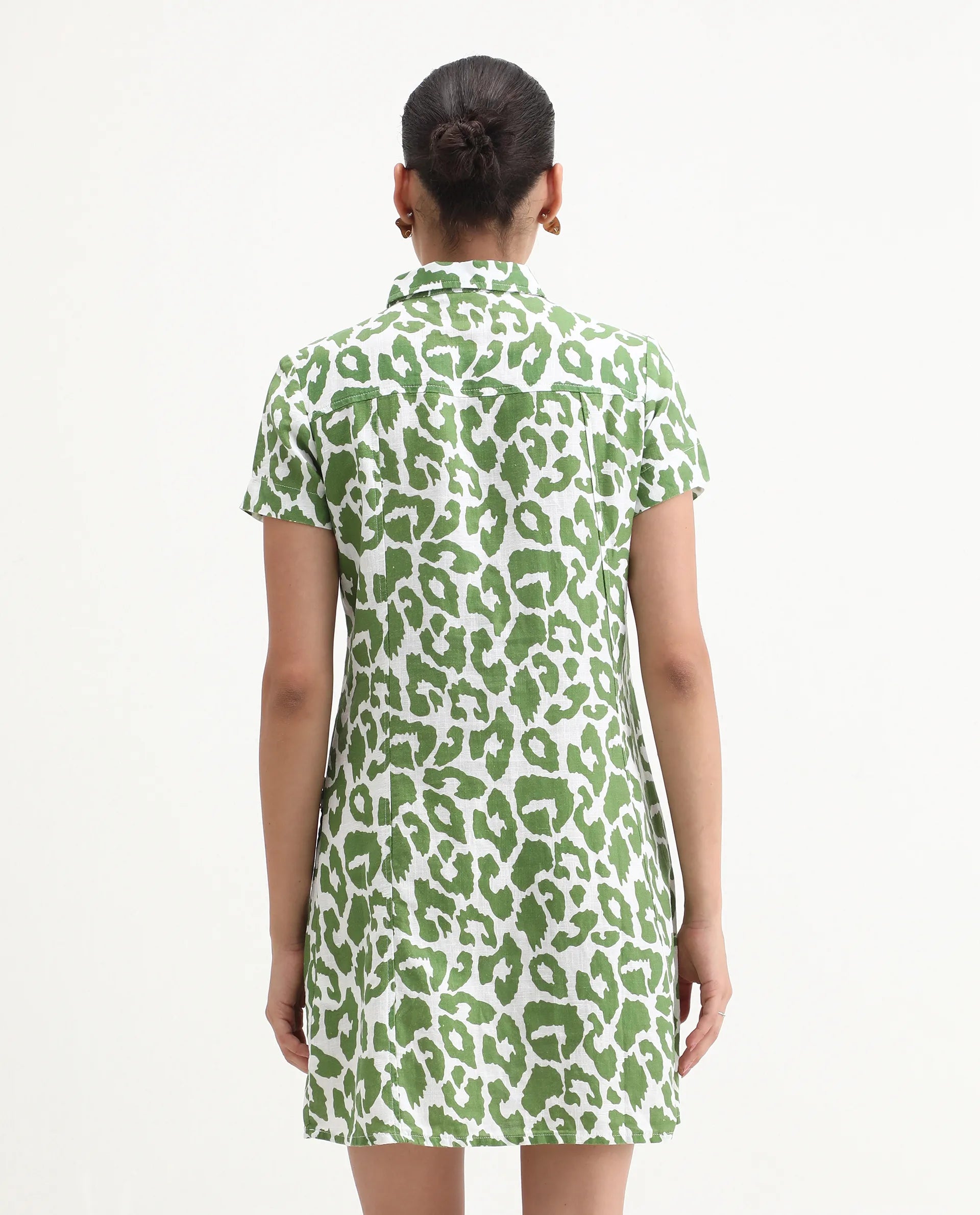 Rareism Women's Kyoti White Linen Spread Collar Abstract Print Regular Fit Dress