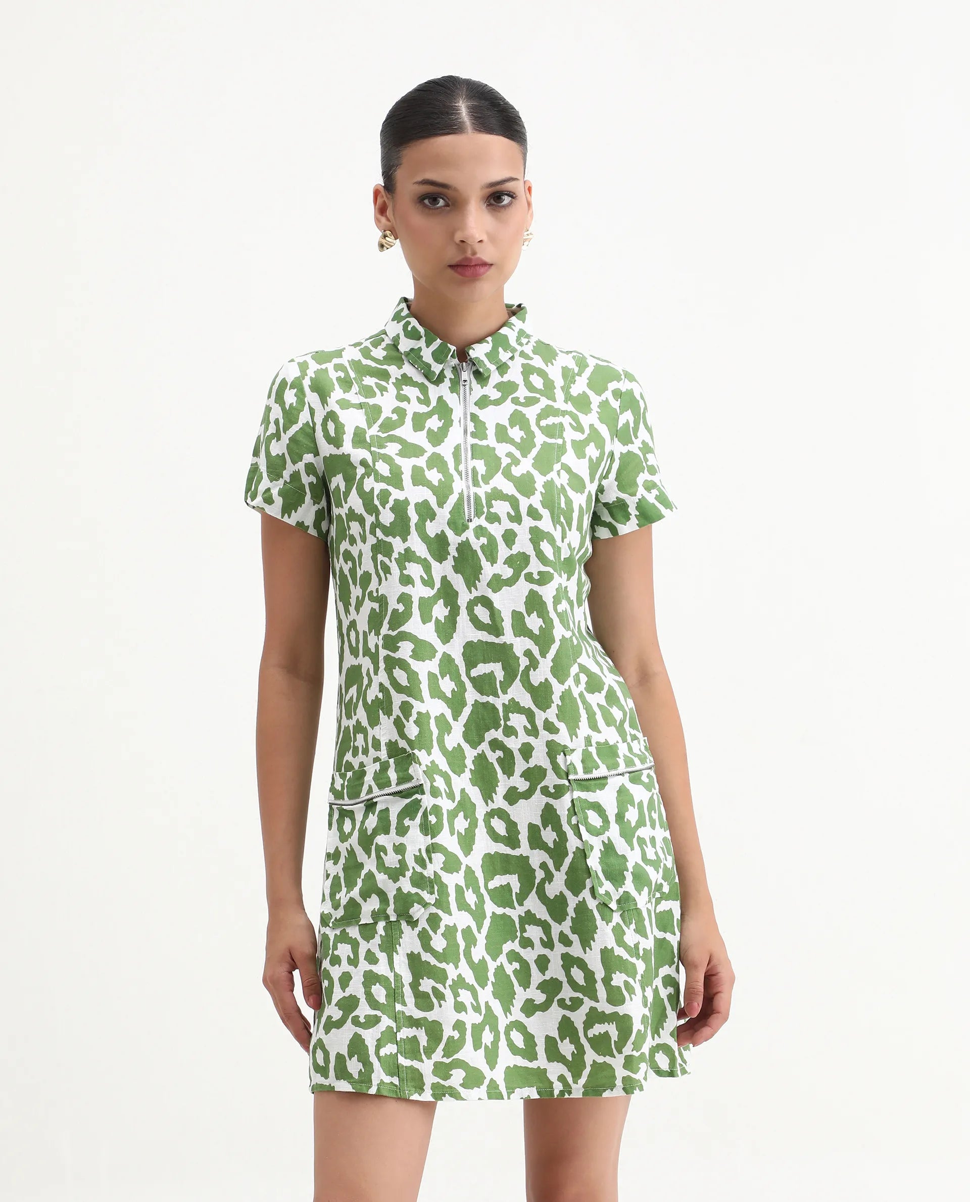 Rareism Women's Kyoti White Linen Spread Collar Abstract Print Regular Fit Dress