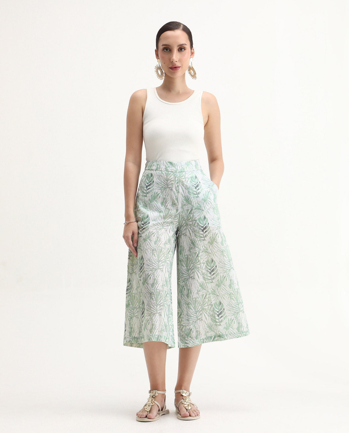 Rareism Women's Lakar Off White Linen Abstract Print Midi Flared Trouser