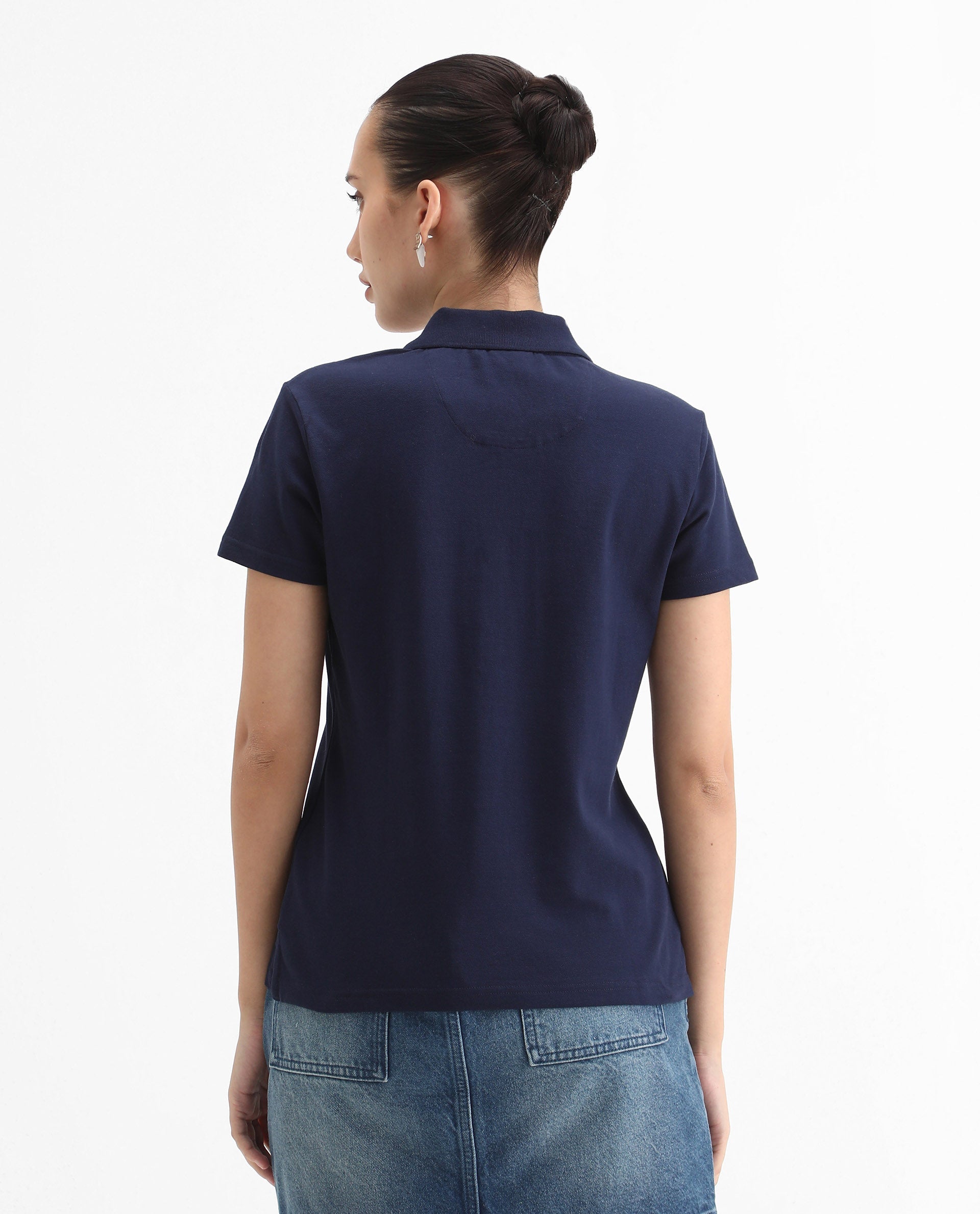 Rareism Women's Laken Navy Cotton Blend Polo Neck Plain Regular Fit Polo