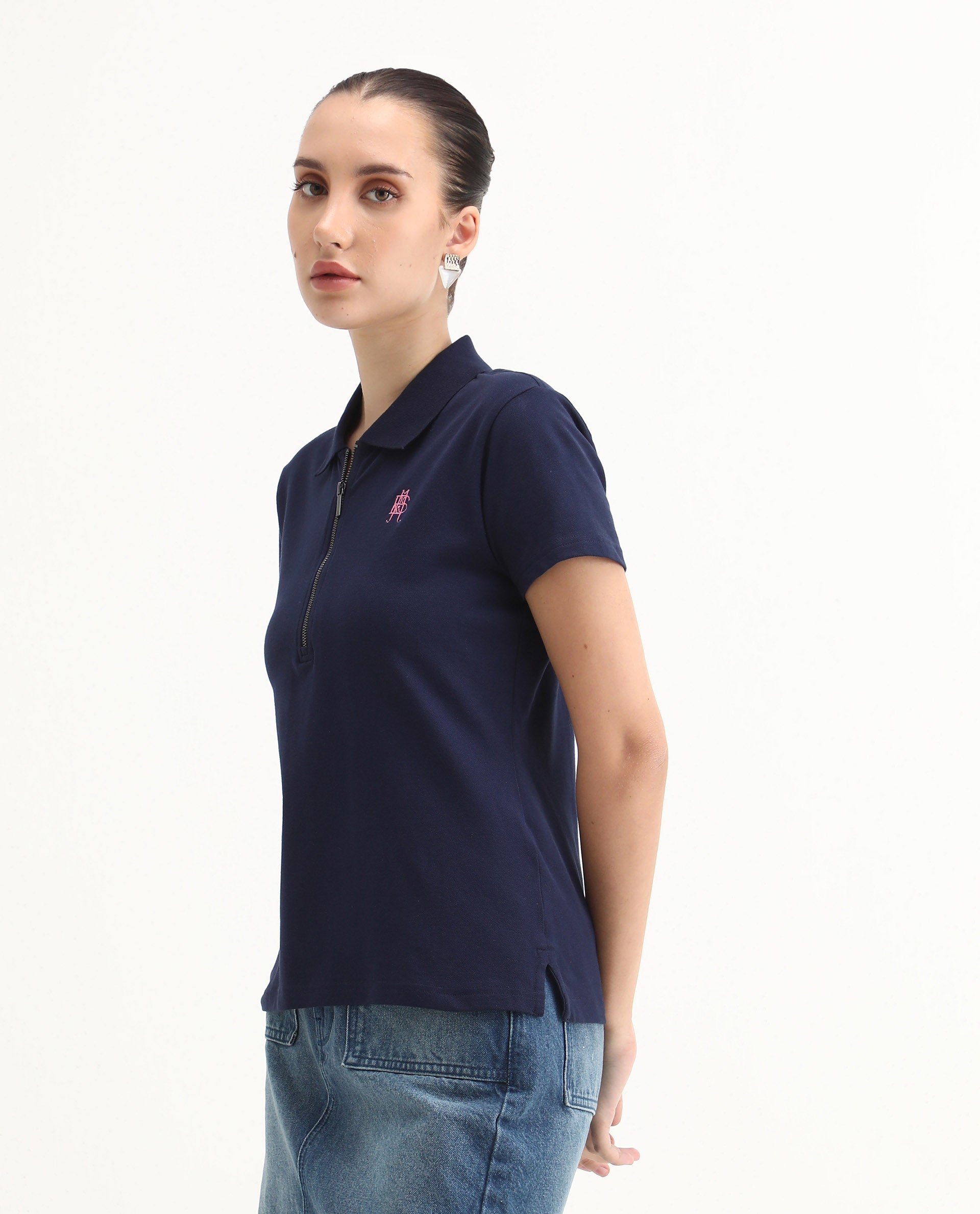 Rareism Women's Laken Navy Cotton Blend Polo Neck Plain Regular Fit Polo