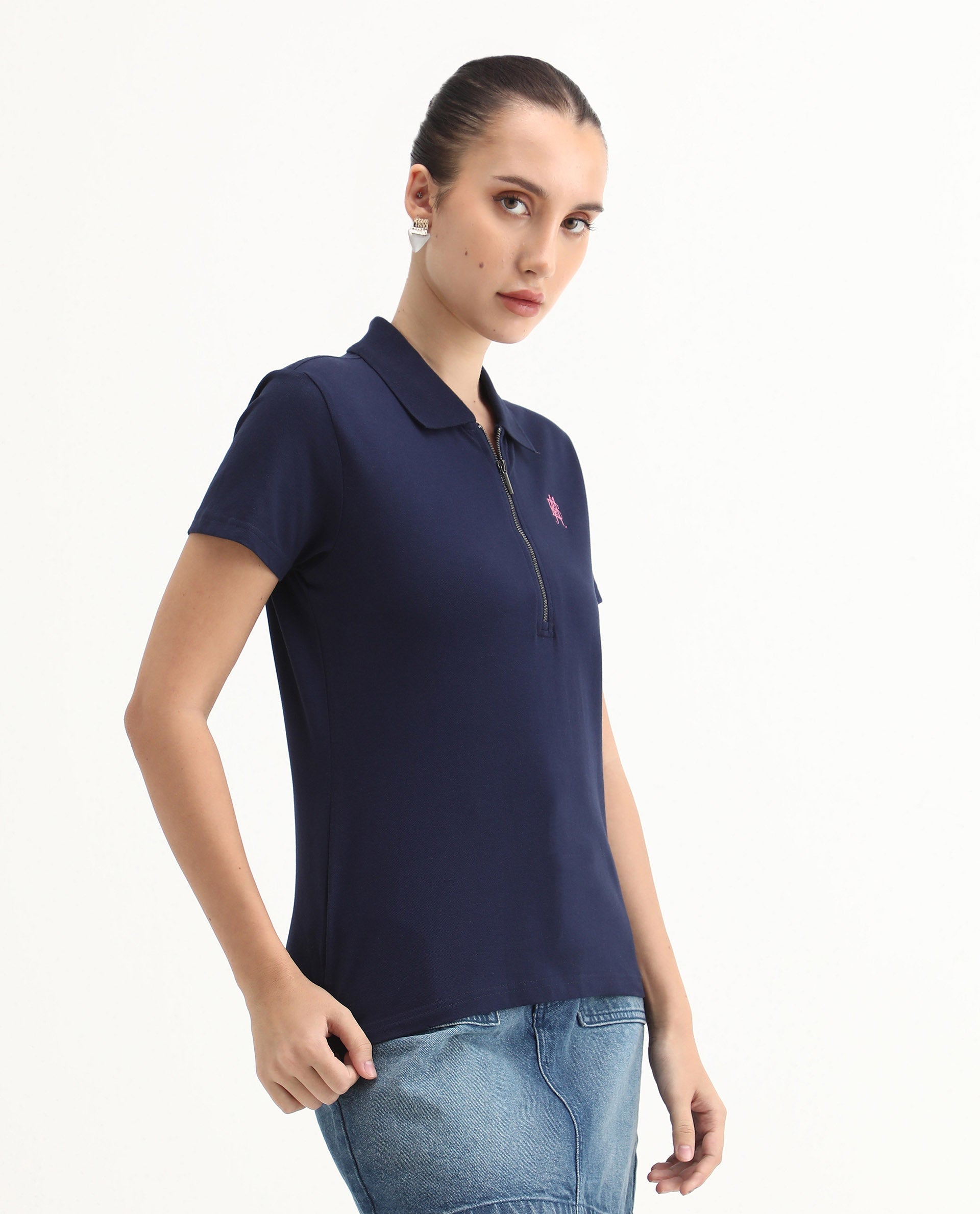Rareism Women's Laken Navy Cotton Blend Polo Neck Plain Regular Fit Polo