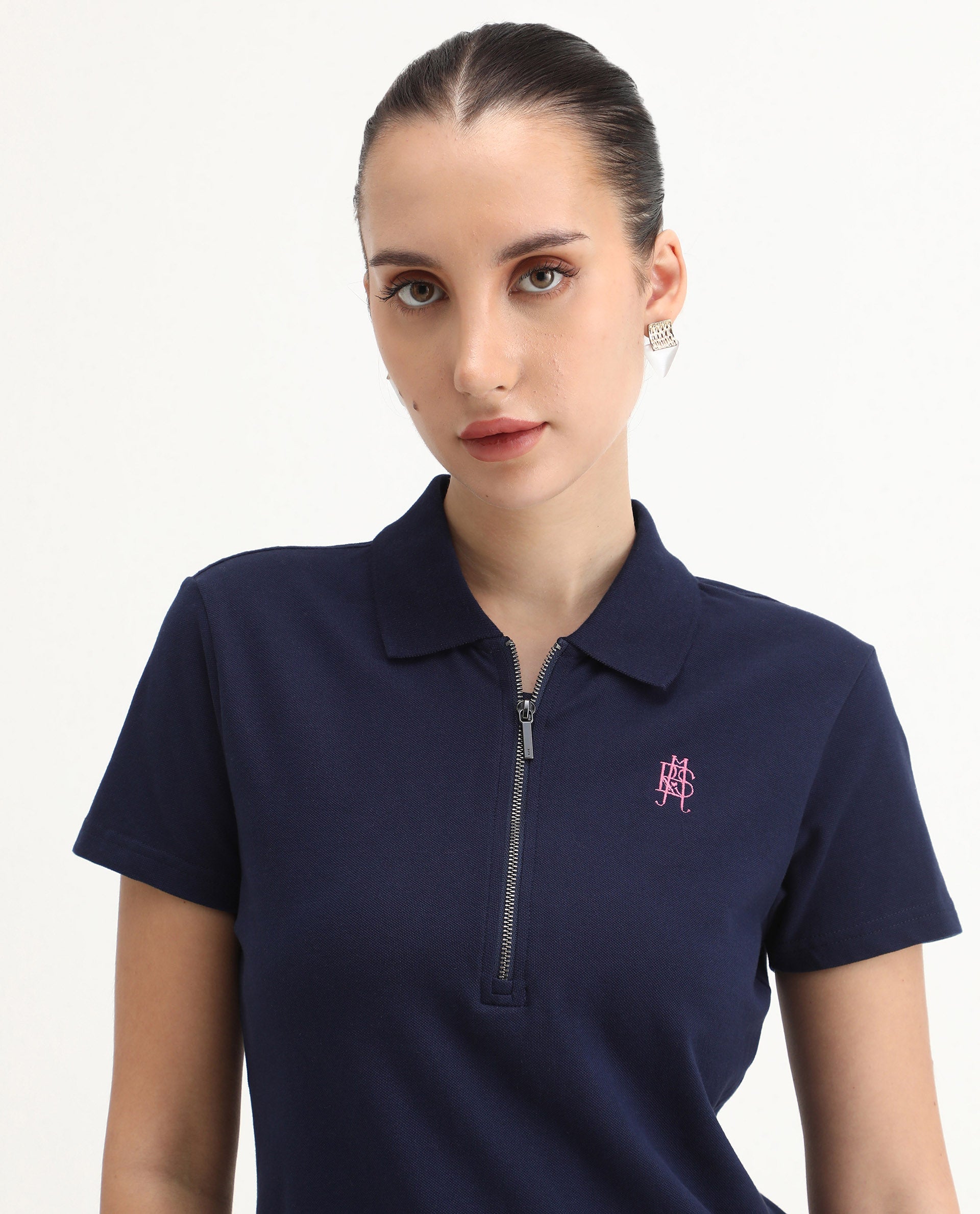 Rareism Women's Laken Navy Cotton Blend Polo Neck Plain Regular Fit Polo