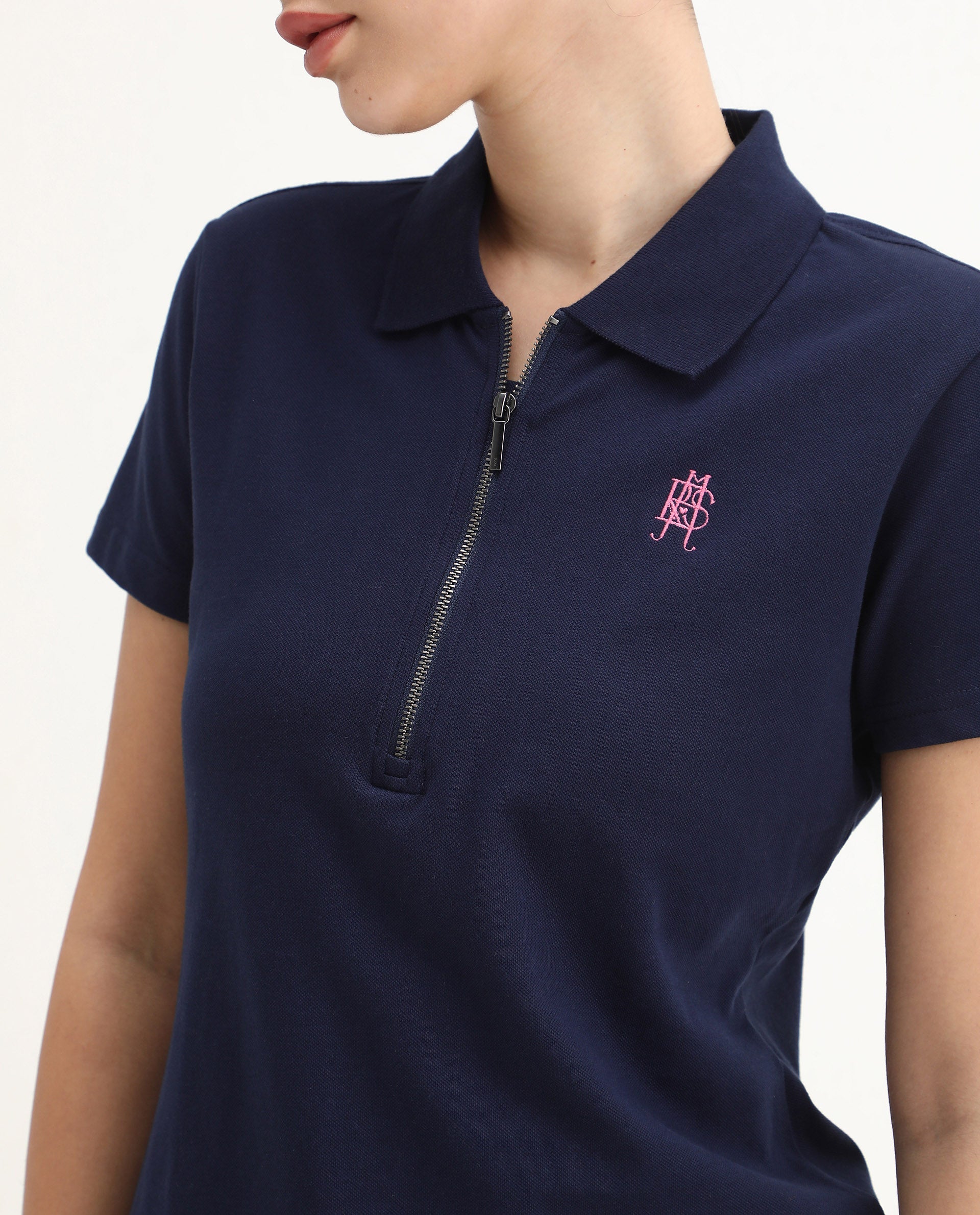 Rareism Women's Laken Navy Cotton Blend Polo Neck Plain Regular Fit Polo