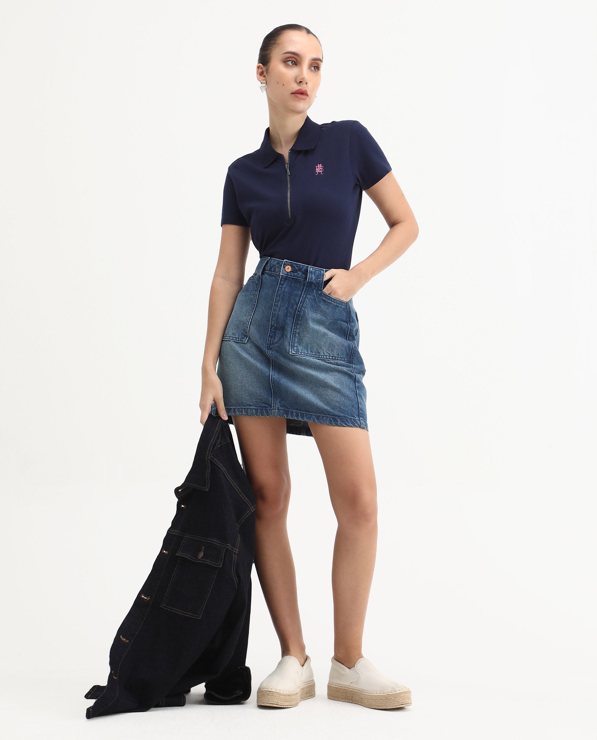 Rareism Women's Laken Navy Cotton Blend Polo Neck Plain Regular Fit Polo