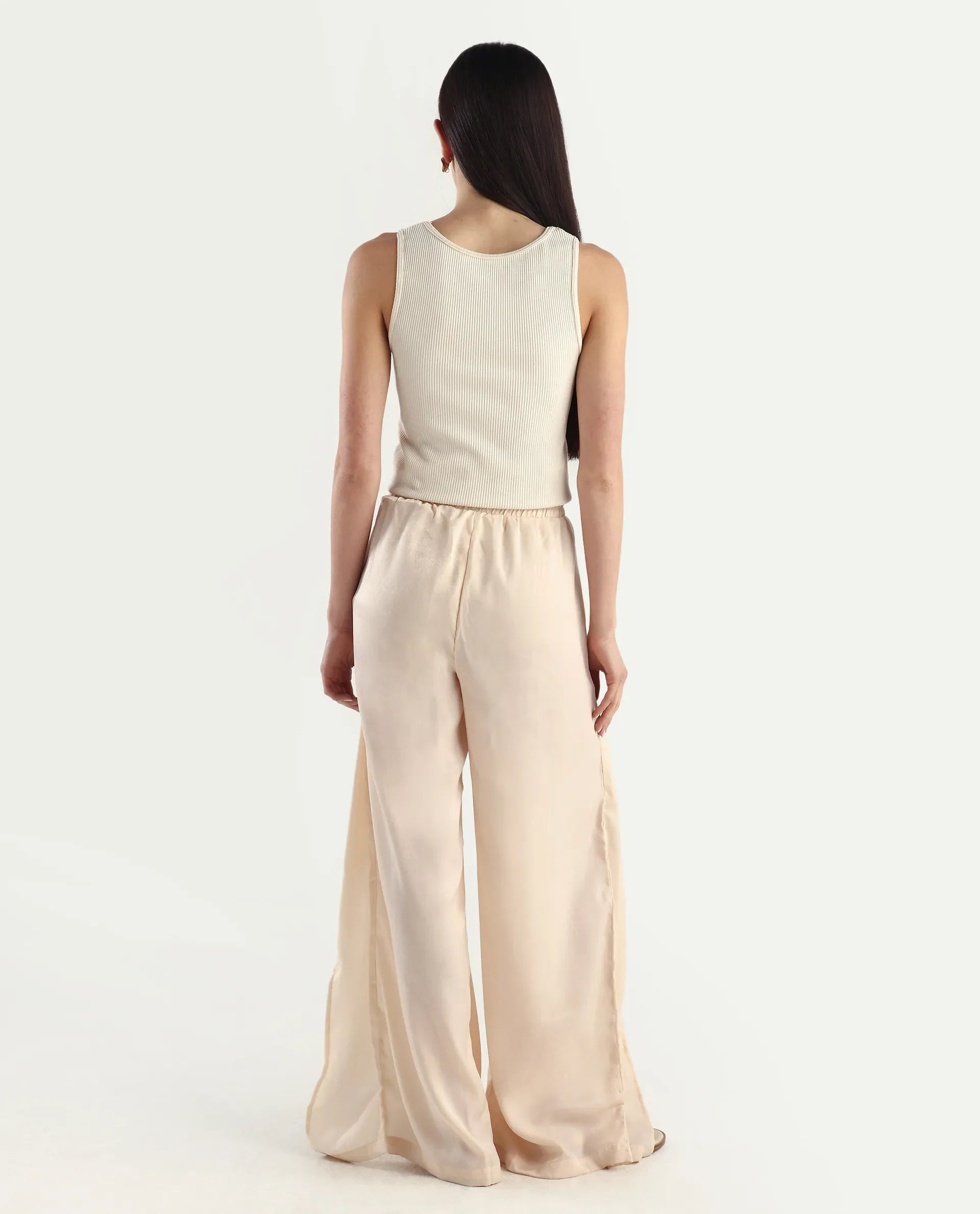 Rareism Women's Lamona B Beige Polyester Plain Ankle Length Wide Trouser