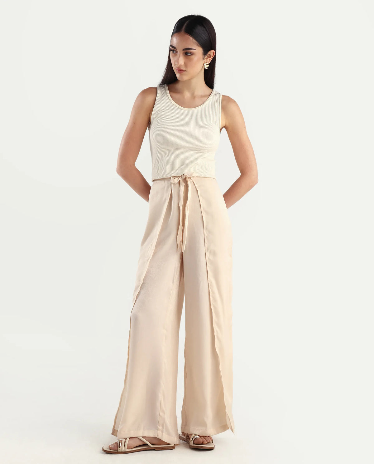 Rareism Women's Lamona B Beige Polyester Plain Ankle Length Wide Trouser