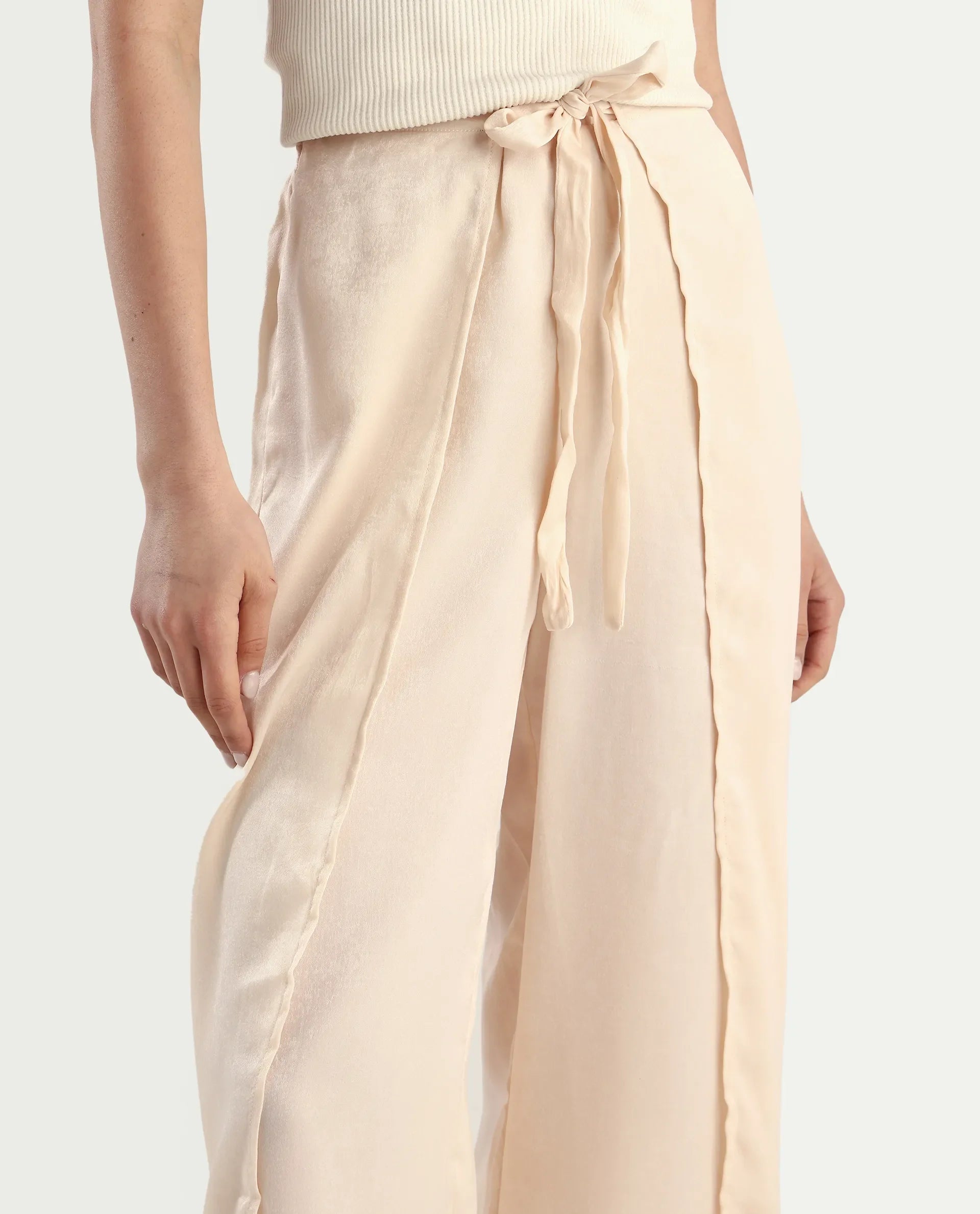 Rareism Women's Lamona B Beige Polyester Plain Ankle Length Wide Trouser