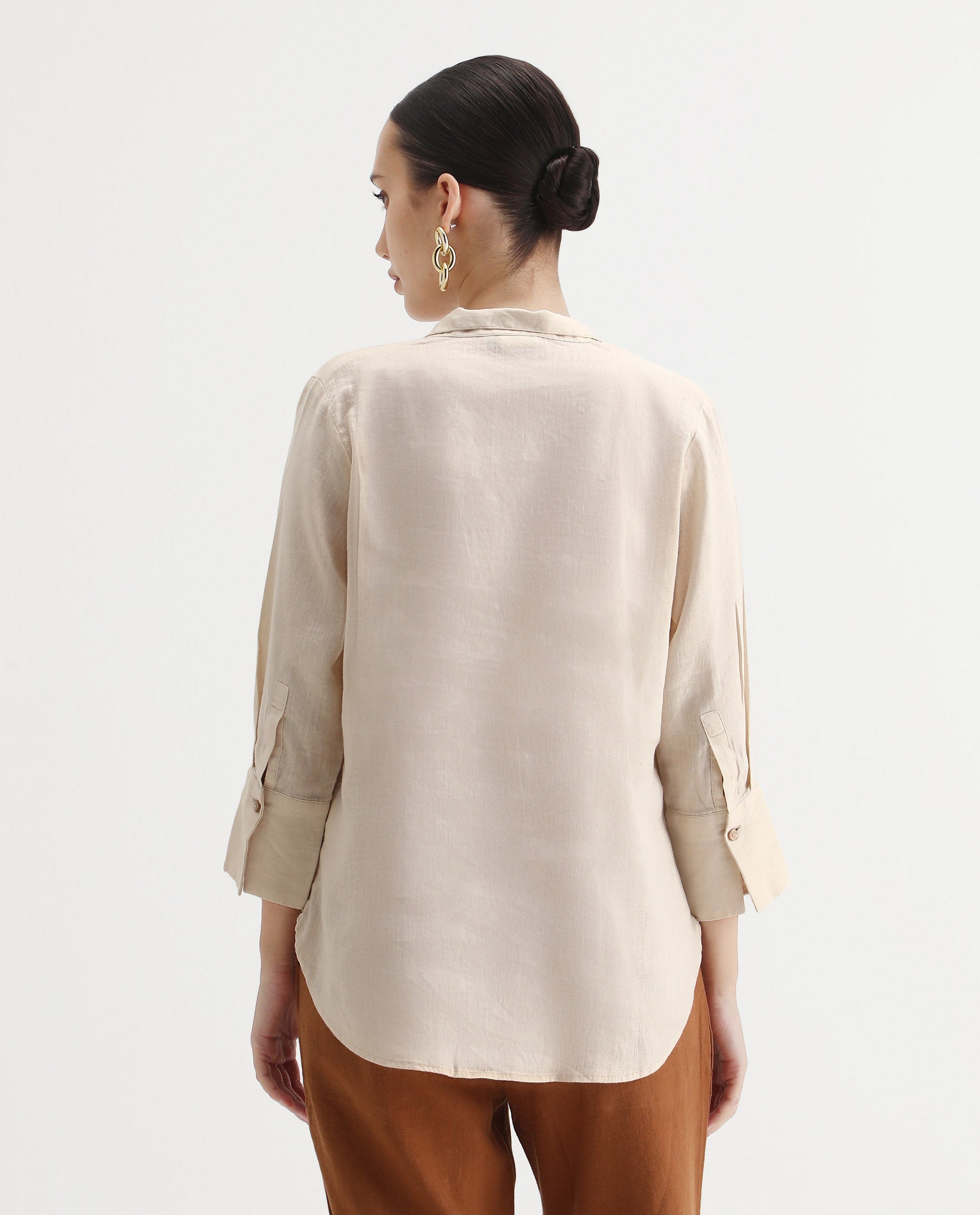 Rareism Women's Laos Pastel Beige Linen Blend V-Neck Plain Regular Fit Top