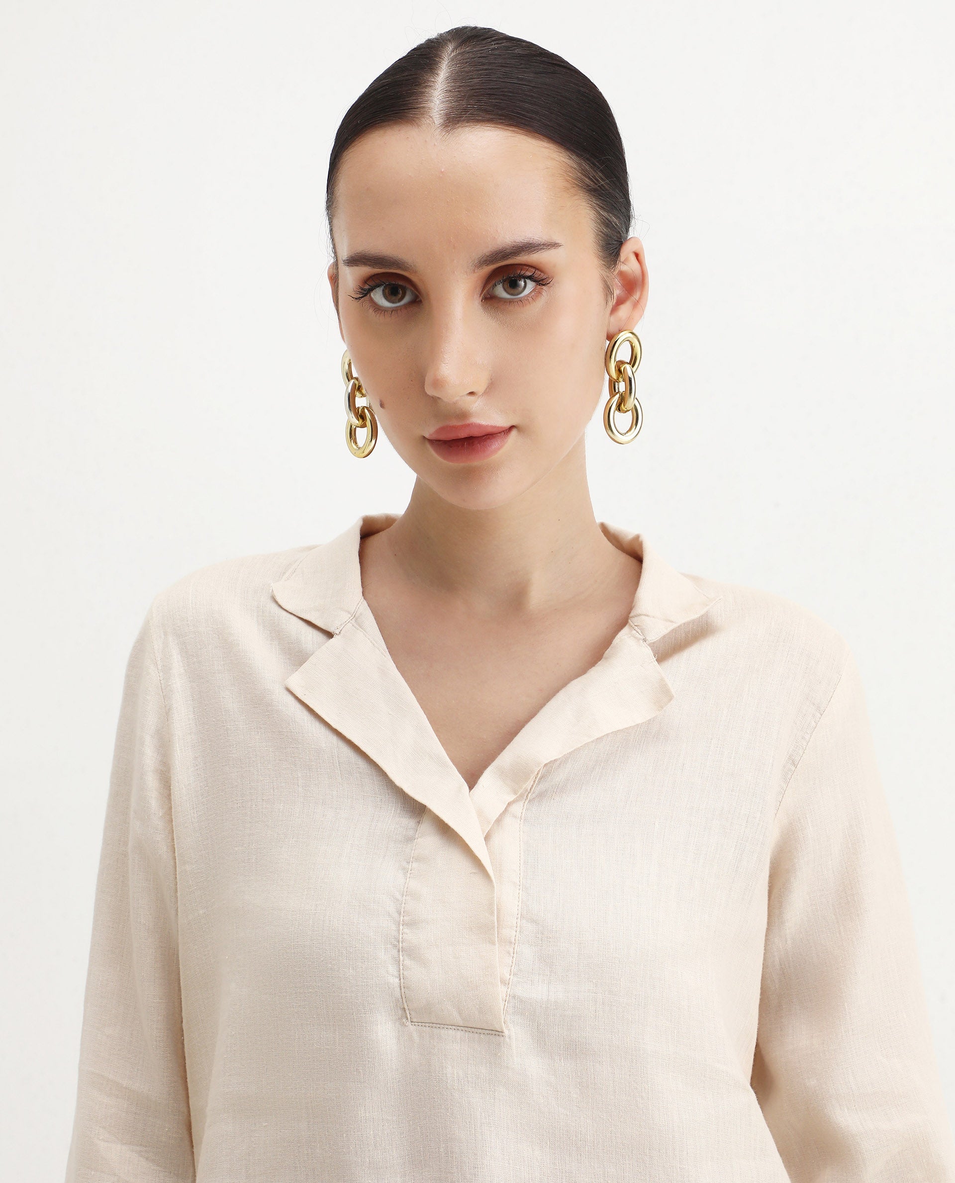 Rareism Women's Laos Pastel Beige Linen Blend V-Neck Plain Regular Fit Top