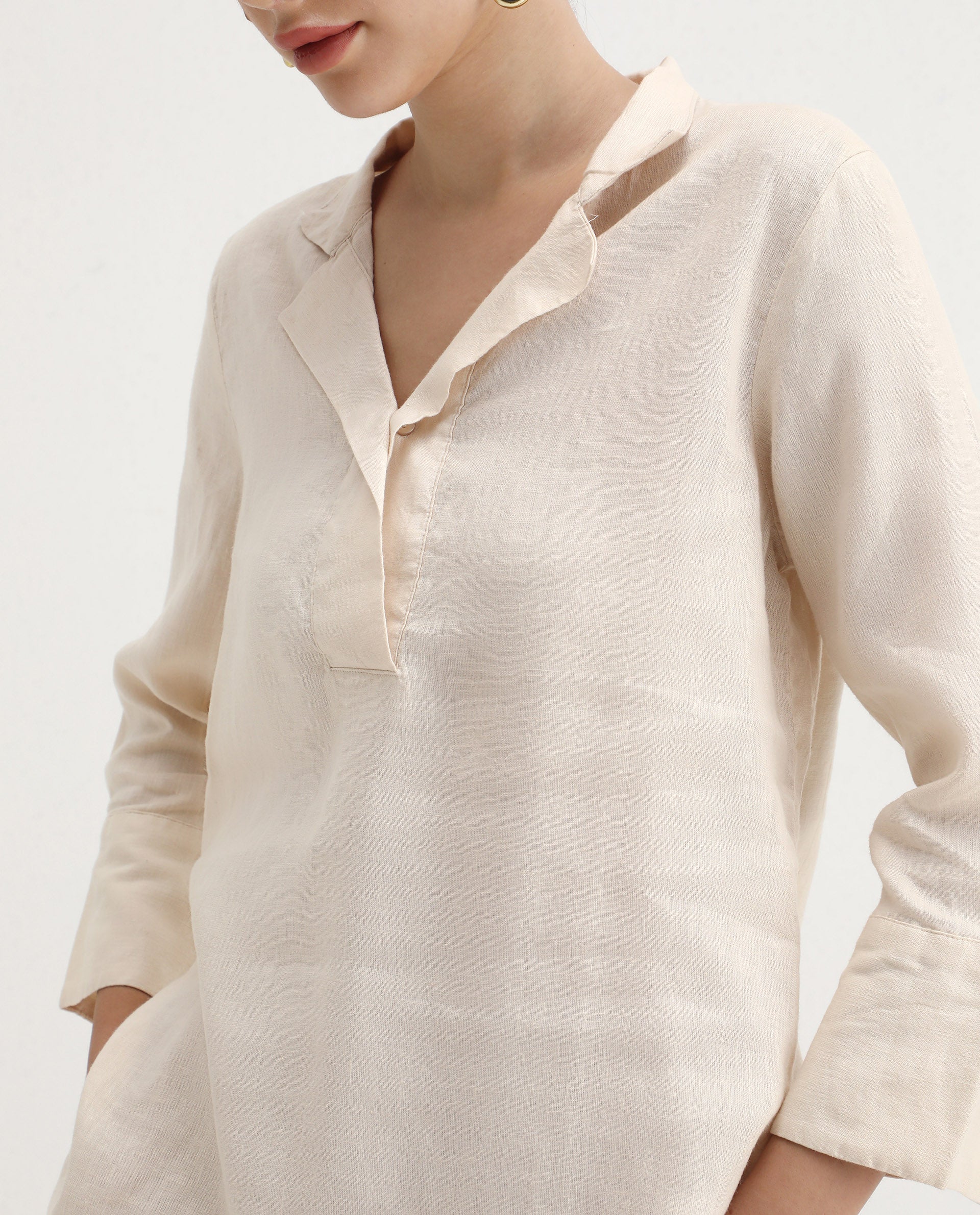 Rareism Women's Laos Pastel Beige Linen Blend V-Neck Plain Regular Fit Top